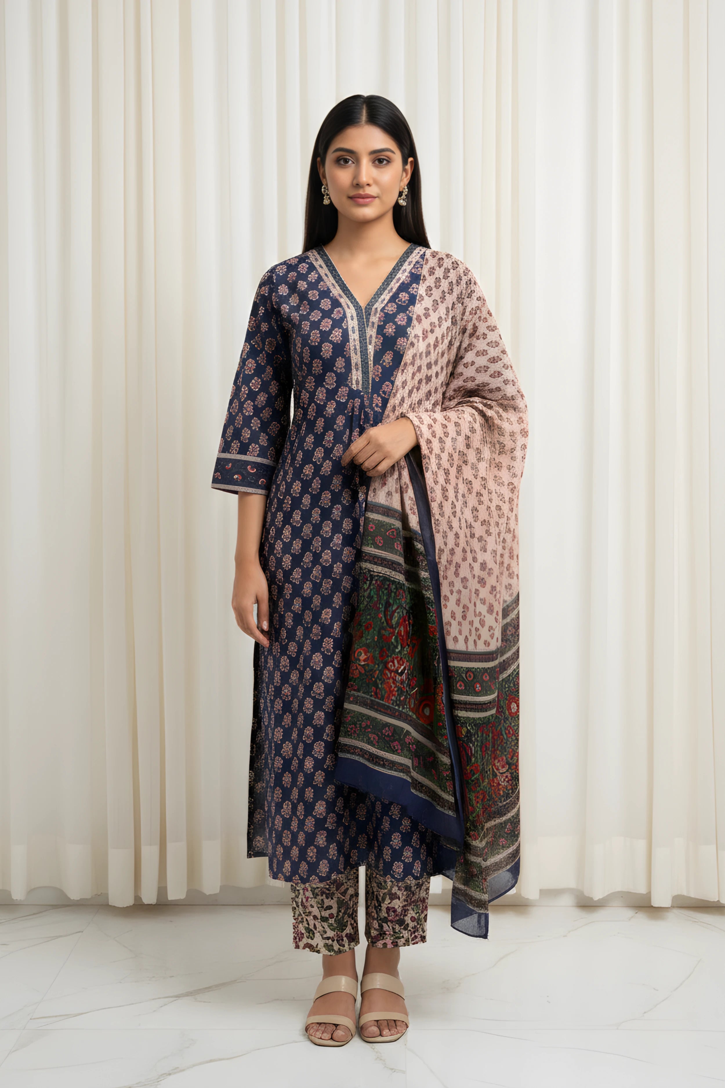 Royal Blue Hand Block Printed Straight Kurta Set with Dupatta