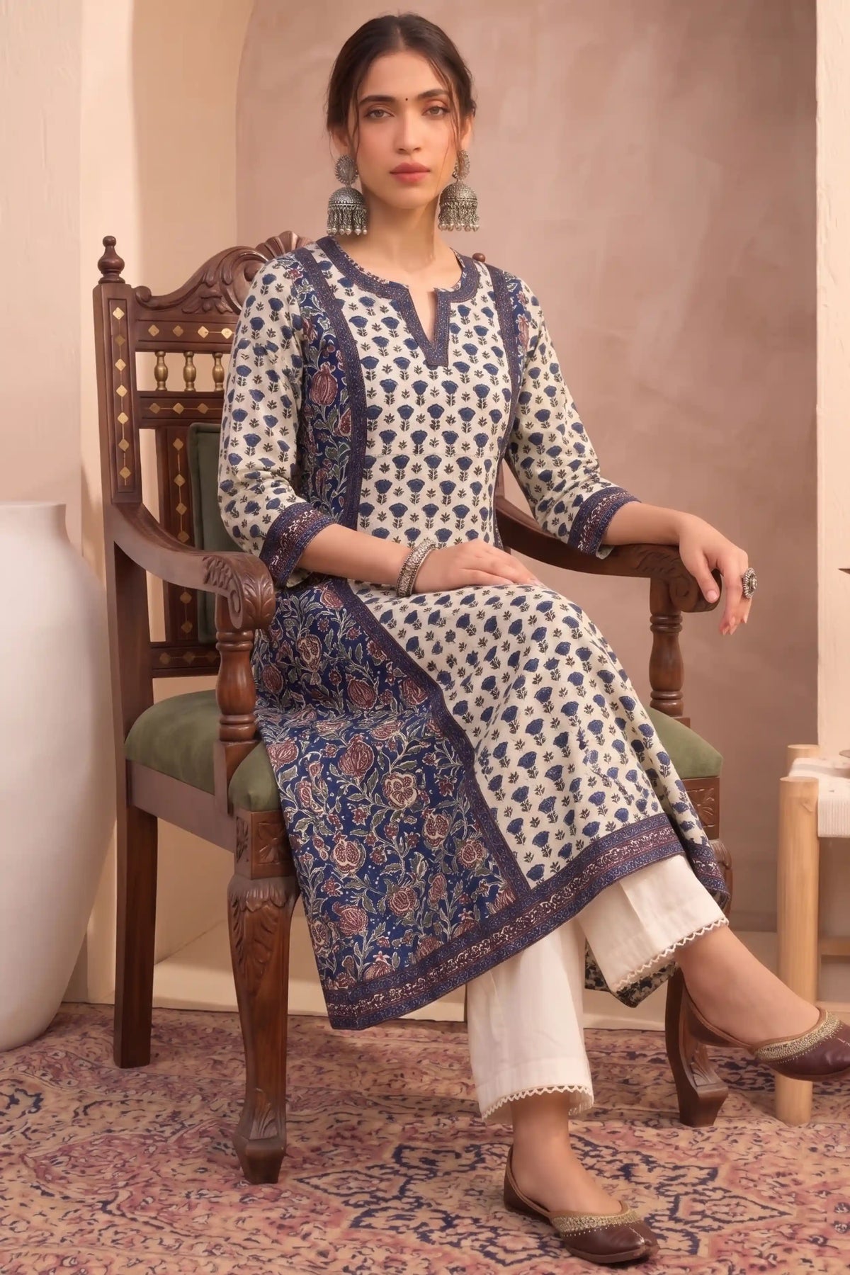 Midnight Blue Printed Winter Special Cotton Flex A-Line Kurta