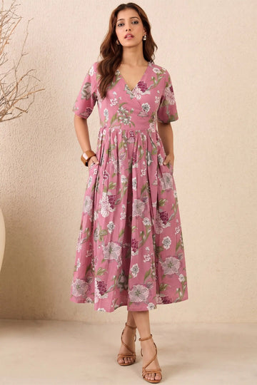 Pink Hand Printed V-Neck Midi Dress In Angrakha style