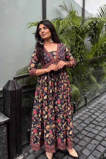 Blue Flared Anarkali Cotton Kurta with Floral Print