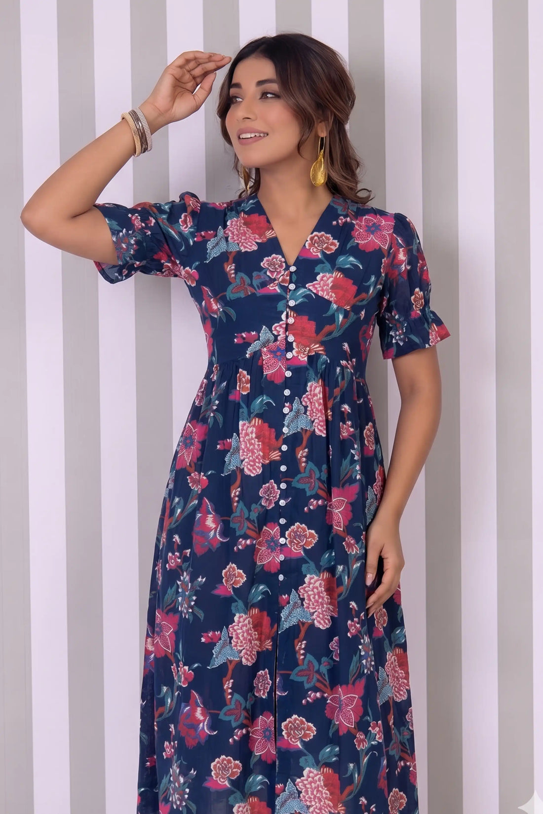 Blue Hand Printed V-Neck Front-Open Long Dress