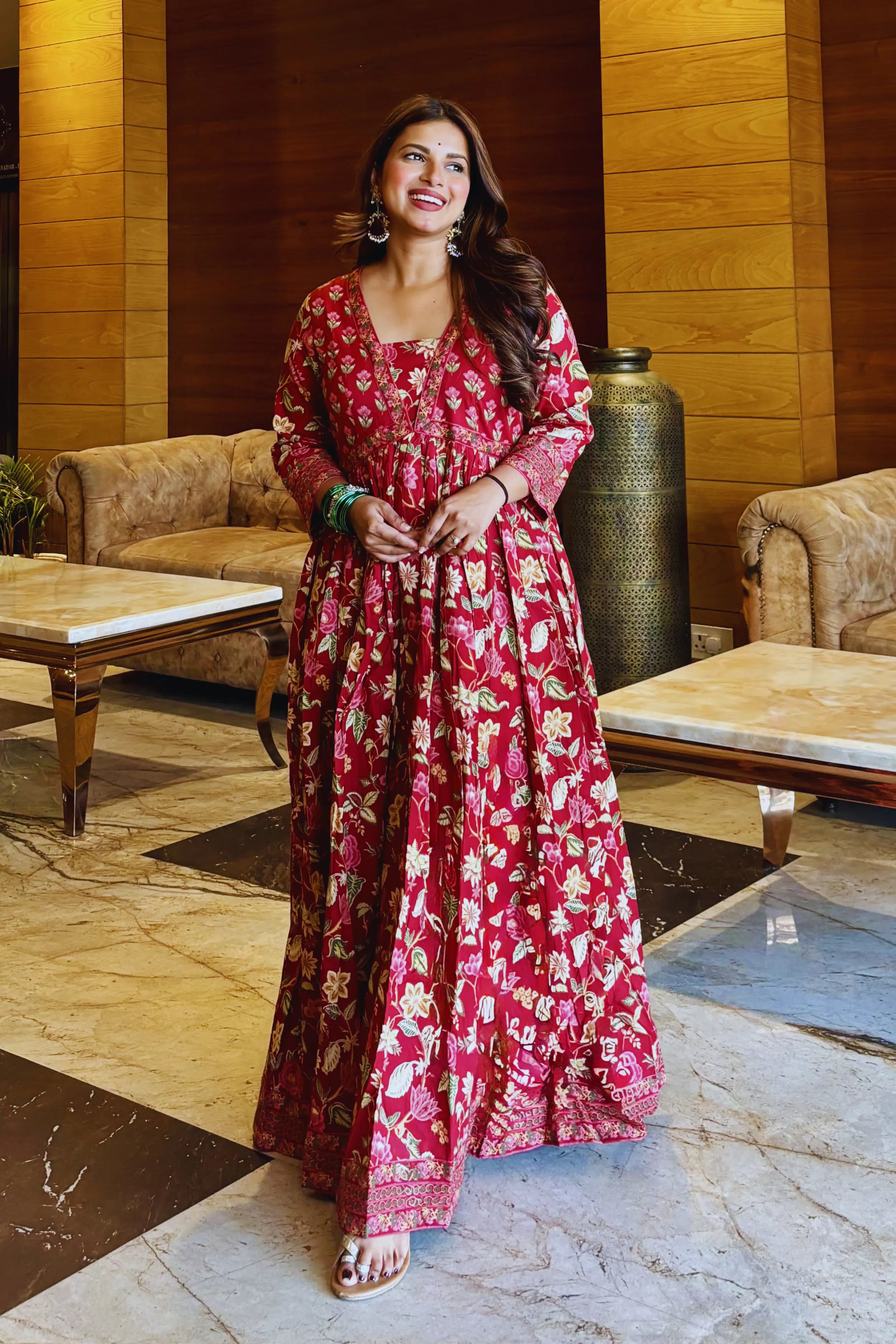 Wine Flared Anarkali Cotton Kurta with Floral Print