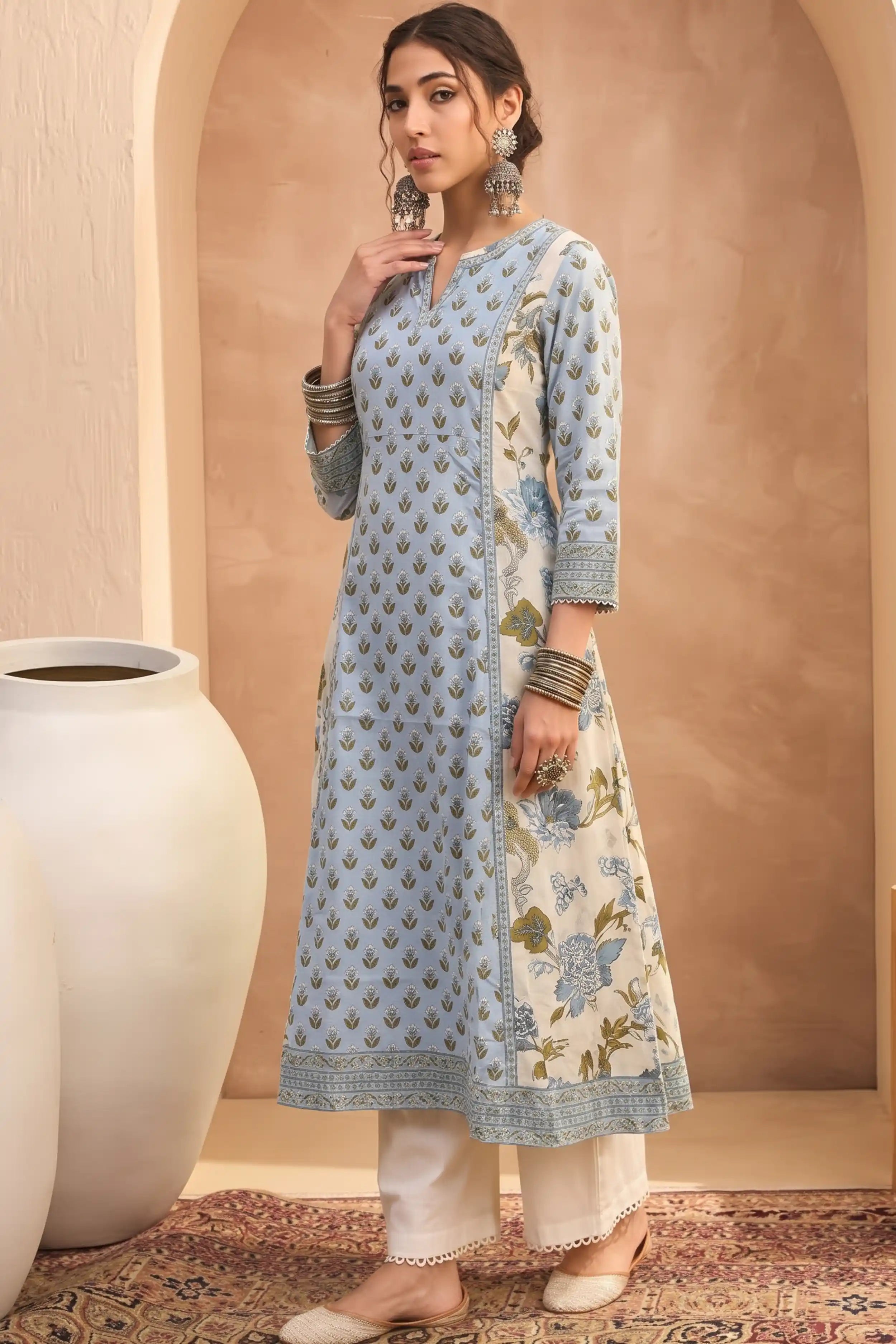 Sky Blue Hand Printed A-line Kurta