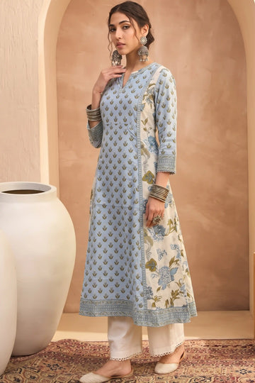 Sky Blue Hand Printed A-line Kurta
