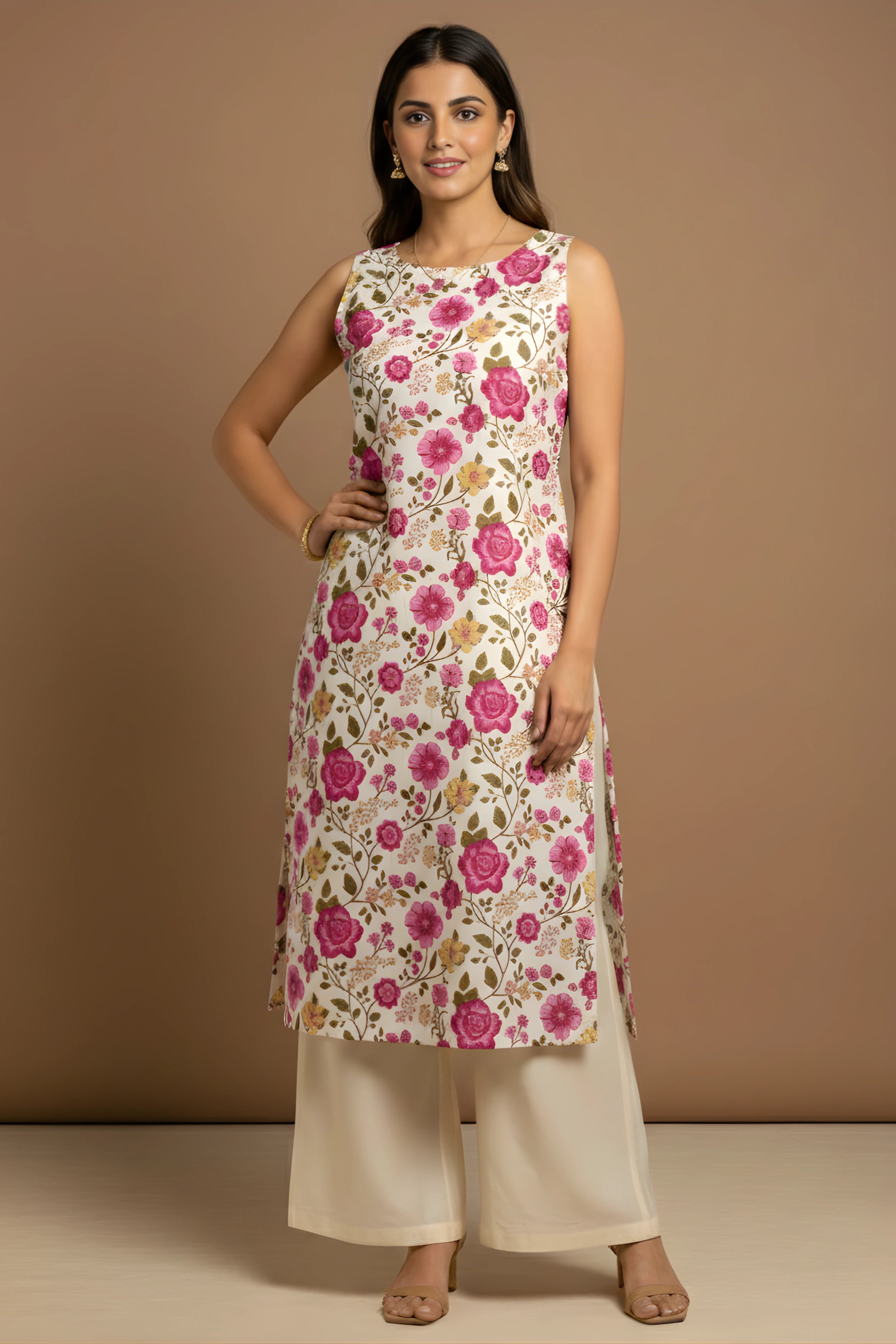 Pink Hand Printed Sleeveless Straight Kurta