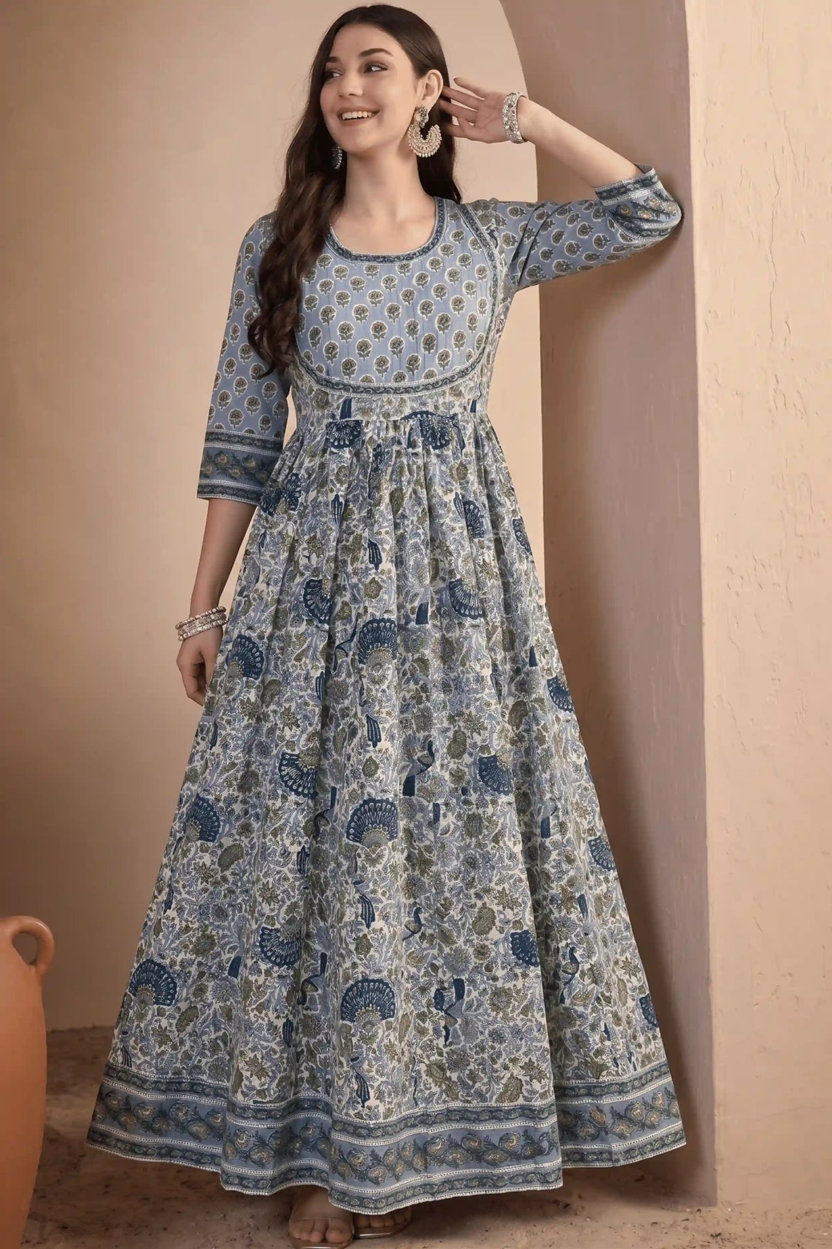 Blue Hand Block Printed Anarkali Dress with Peacock Motifs