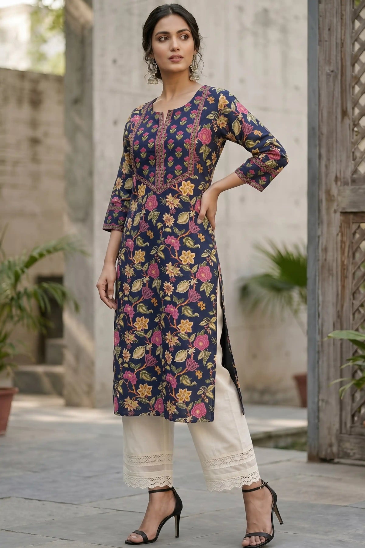 Navy Hand Printed Straight cotton Kurta