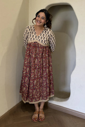 Red Hand Block Printed Flared Kurti Dress