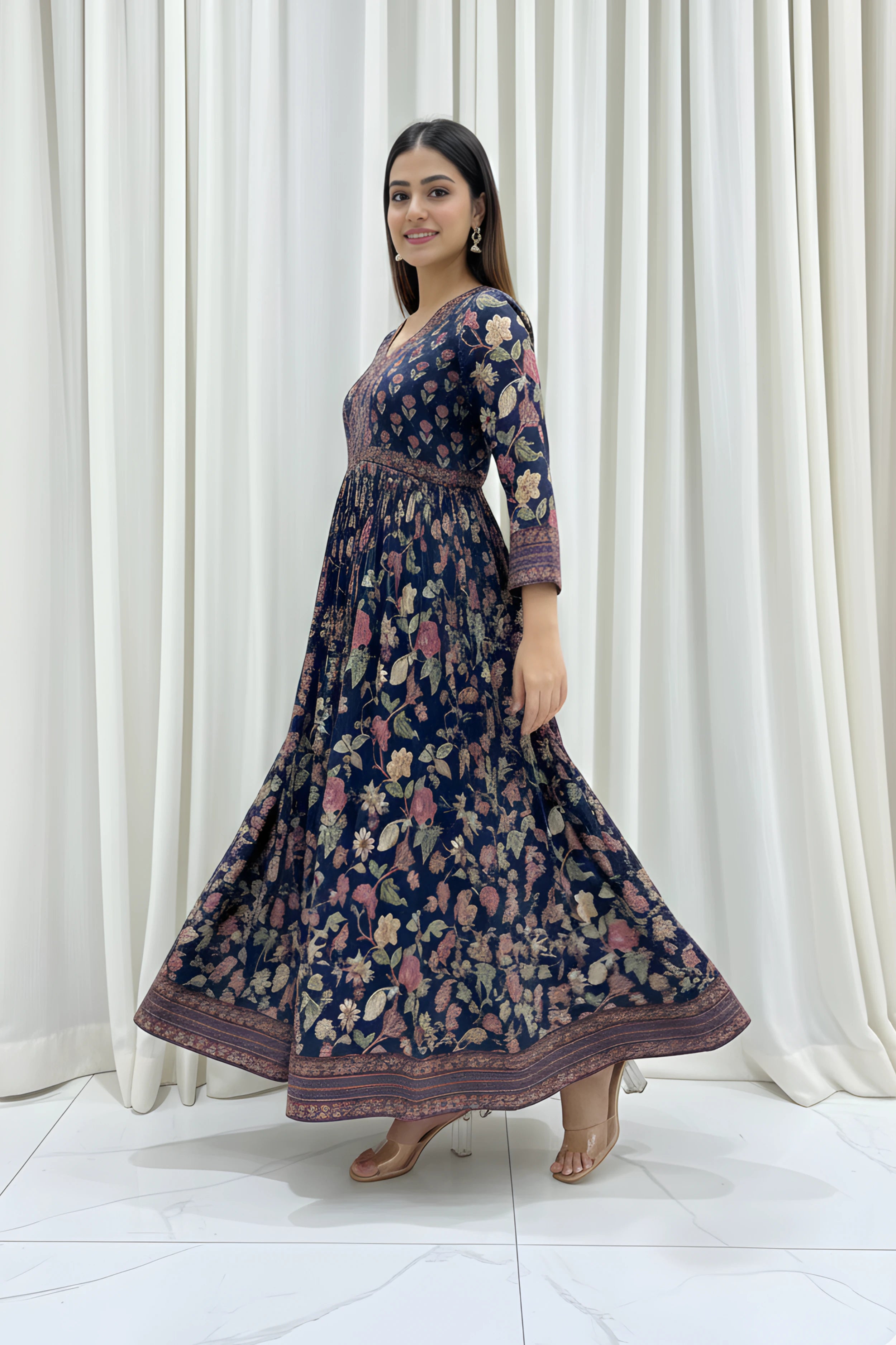 Blue Flared Anarkali Cotton Kurta with Floral Print