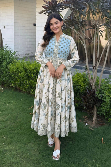 Sky Blue Anarkali Cotton Hand Block Printed Ethnic Maxi Dress