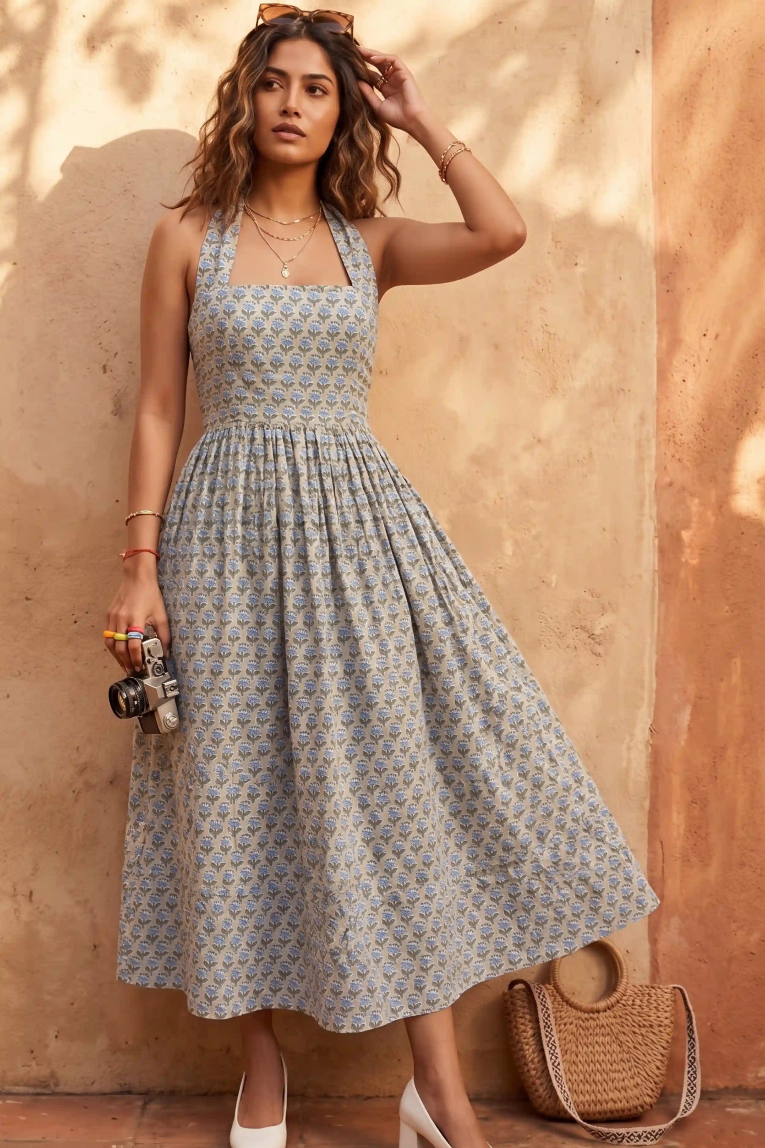 Powder Blue Hand-Block Printed Square Neck Halter Midi Dress
