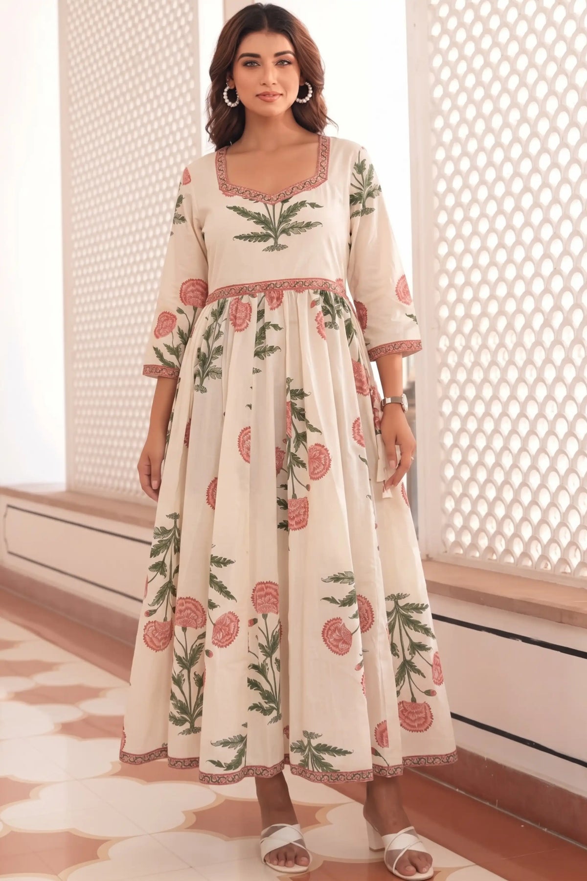 Peach Hand-Printed Anarkali Maxi Dress