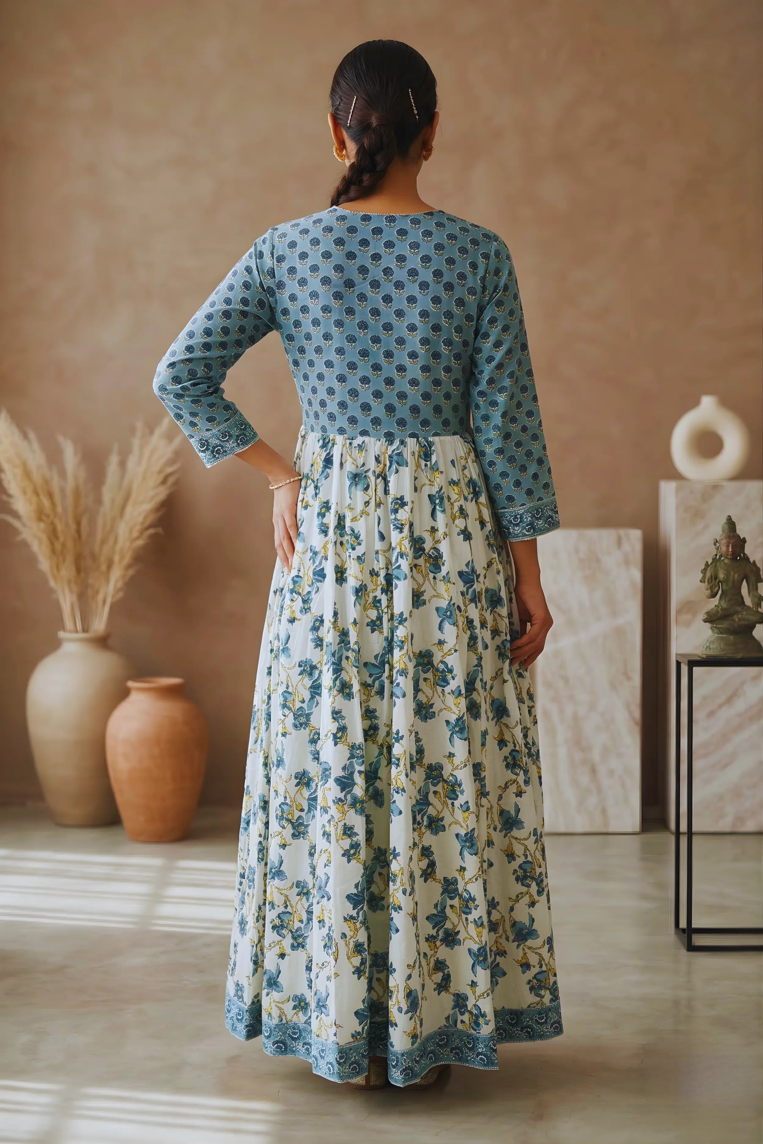 Sea Green Hand Block Floral Printed Anarkali Maxi Kurta