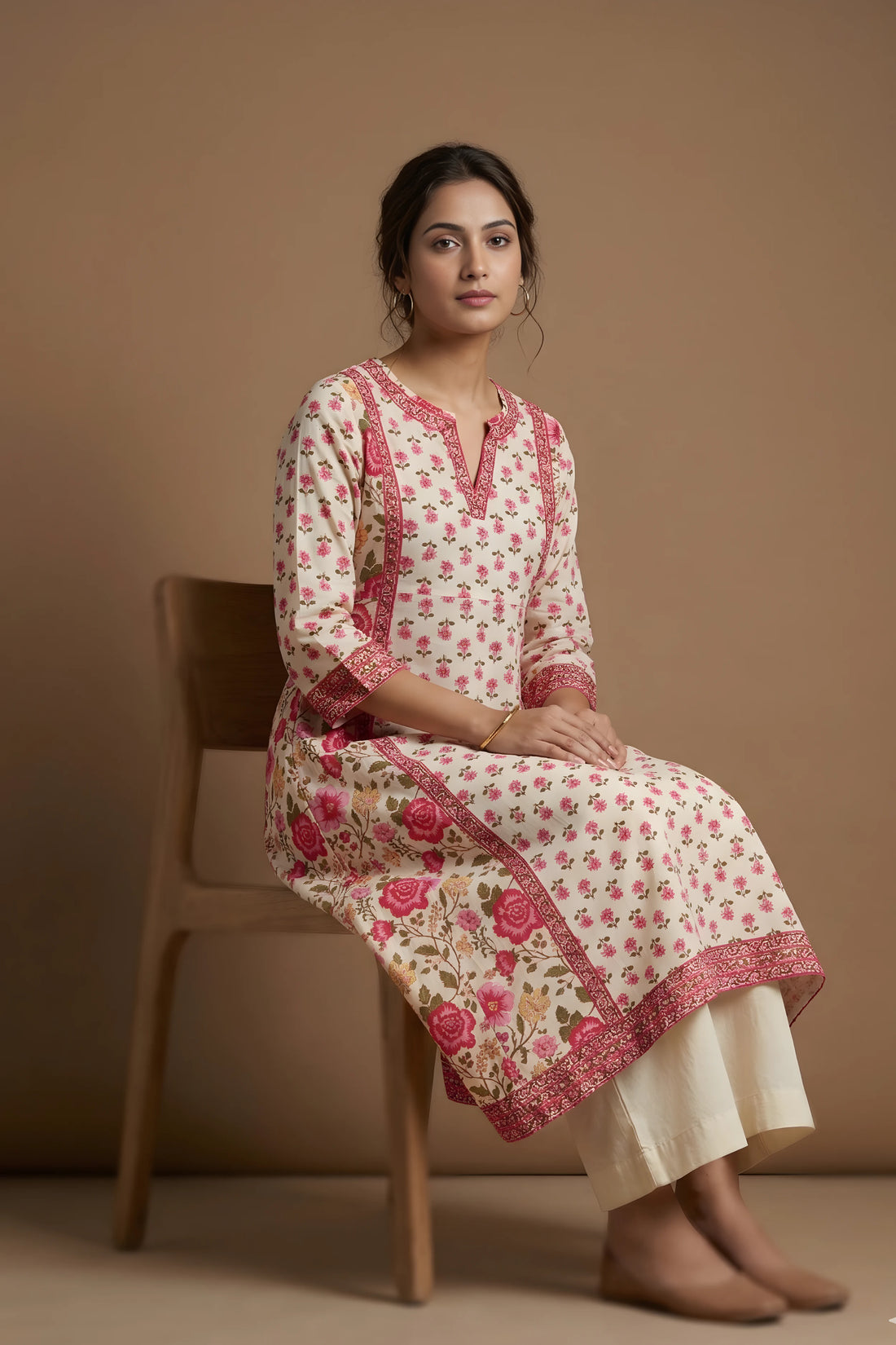 Pink Hand Printed A-line Kurta