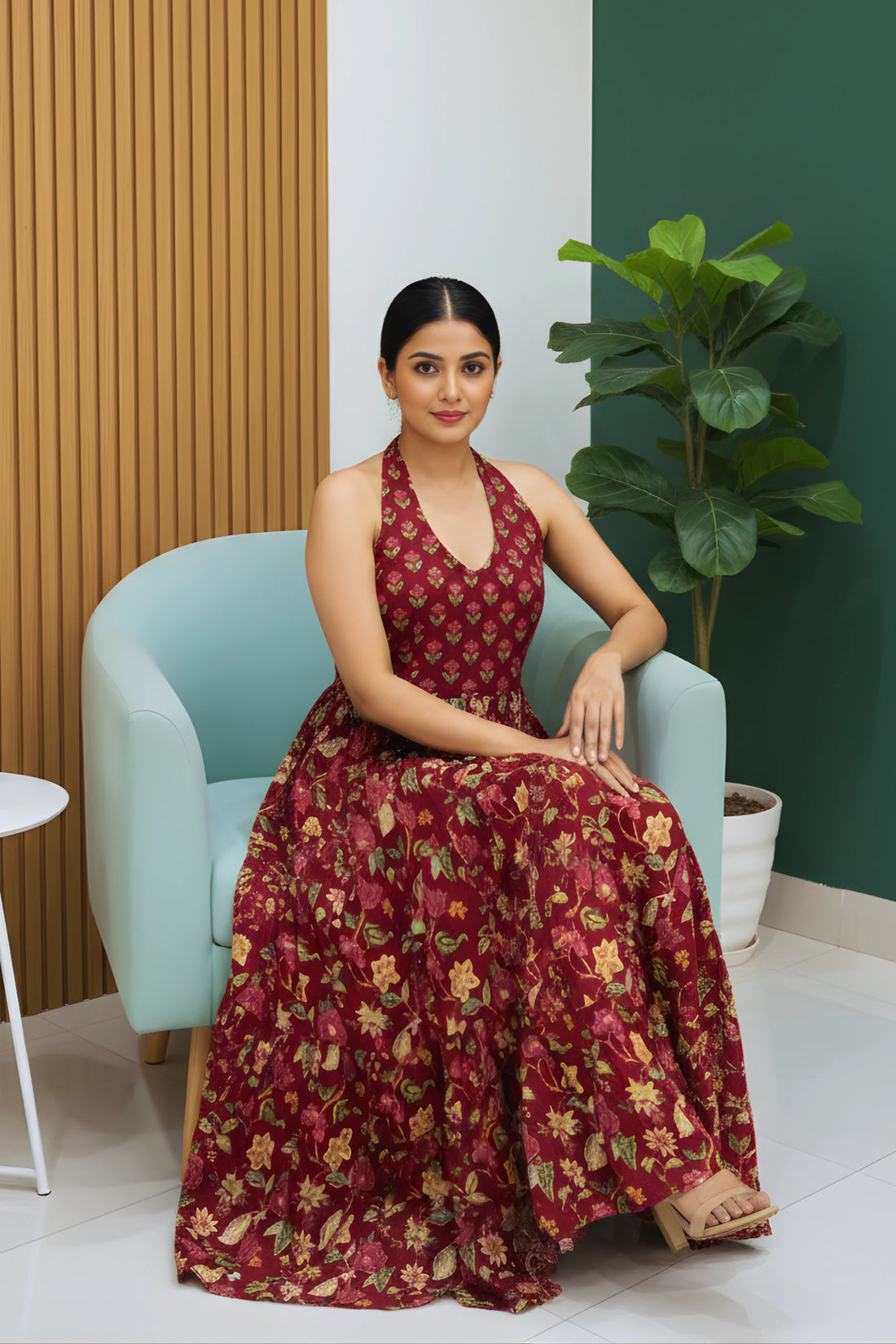 Wine Floral Hand Printed Halter Maxi Dress