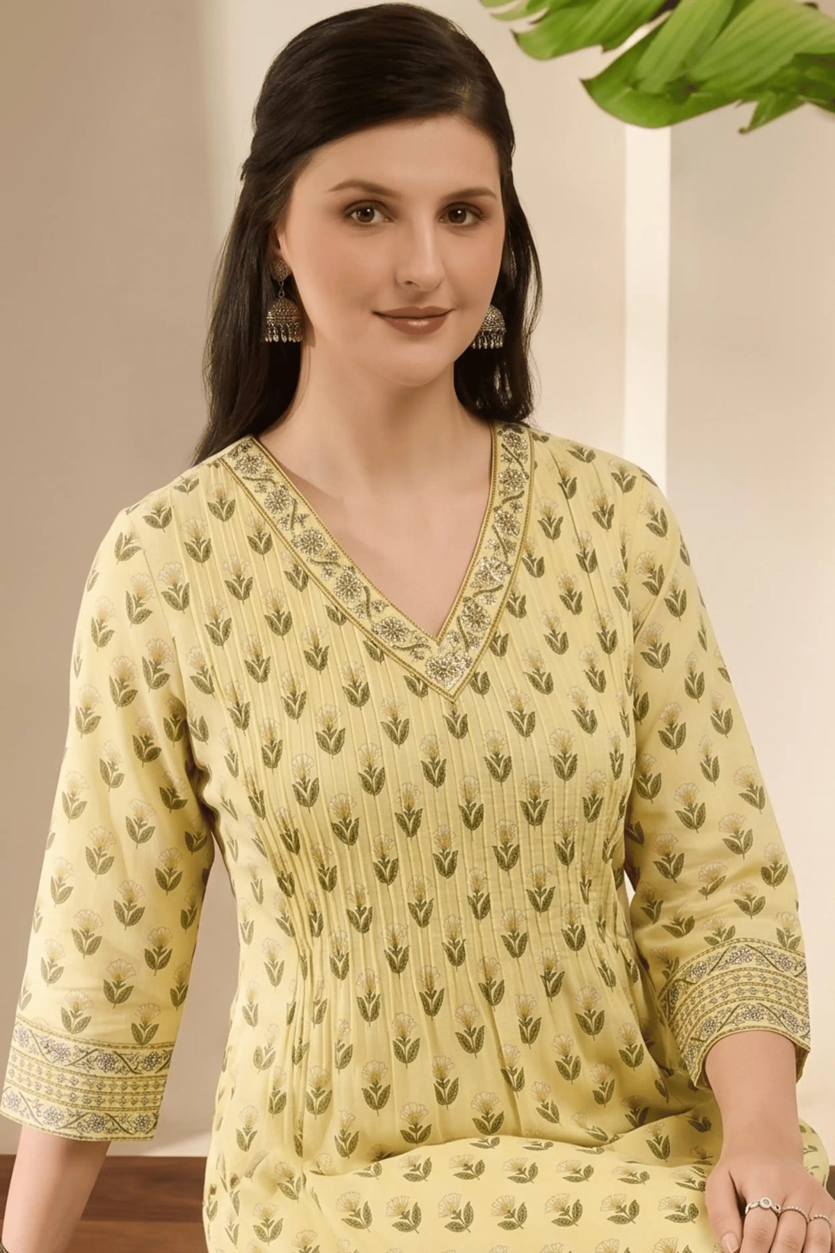 Yellow V neck Hand Printed Kurta Set (2 PCS)