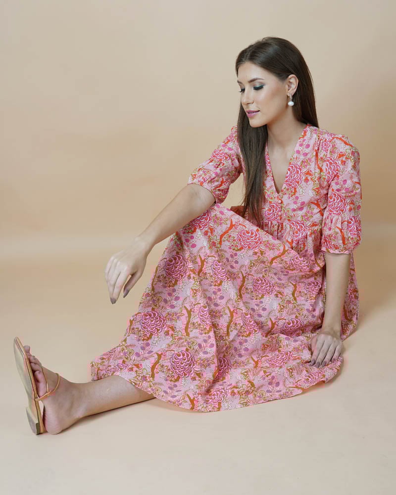 Pink Floral Block Printed V-Neck Dress With Flared Hem & Pleated Sleeves