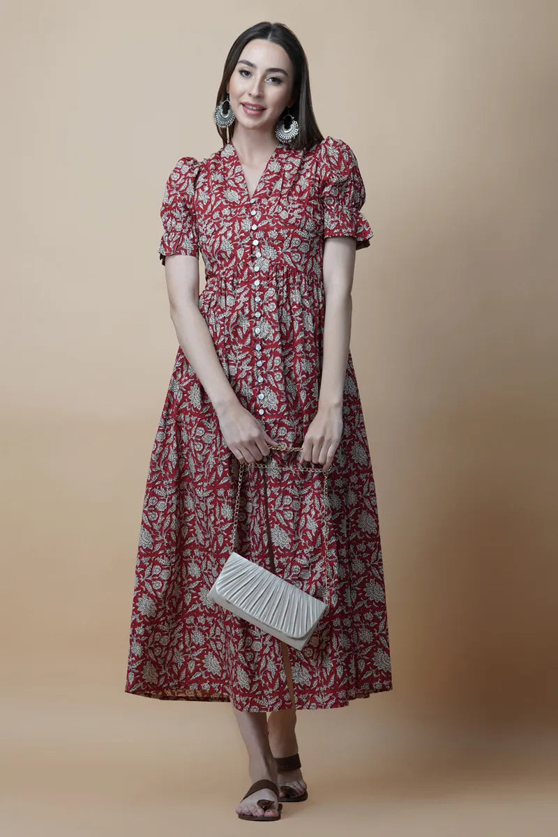 Red Block Printed V-Neck Front Open Long Dress With Flarred Hem & Centre Slit