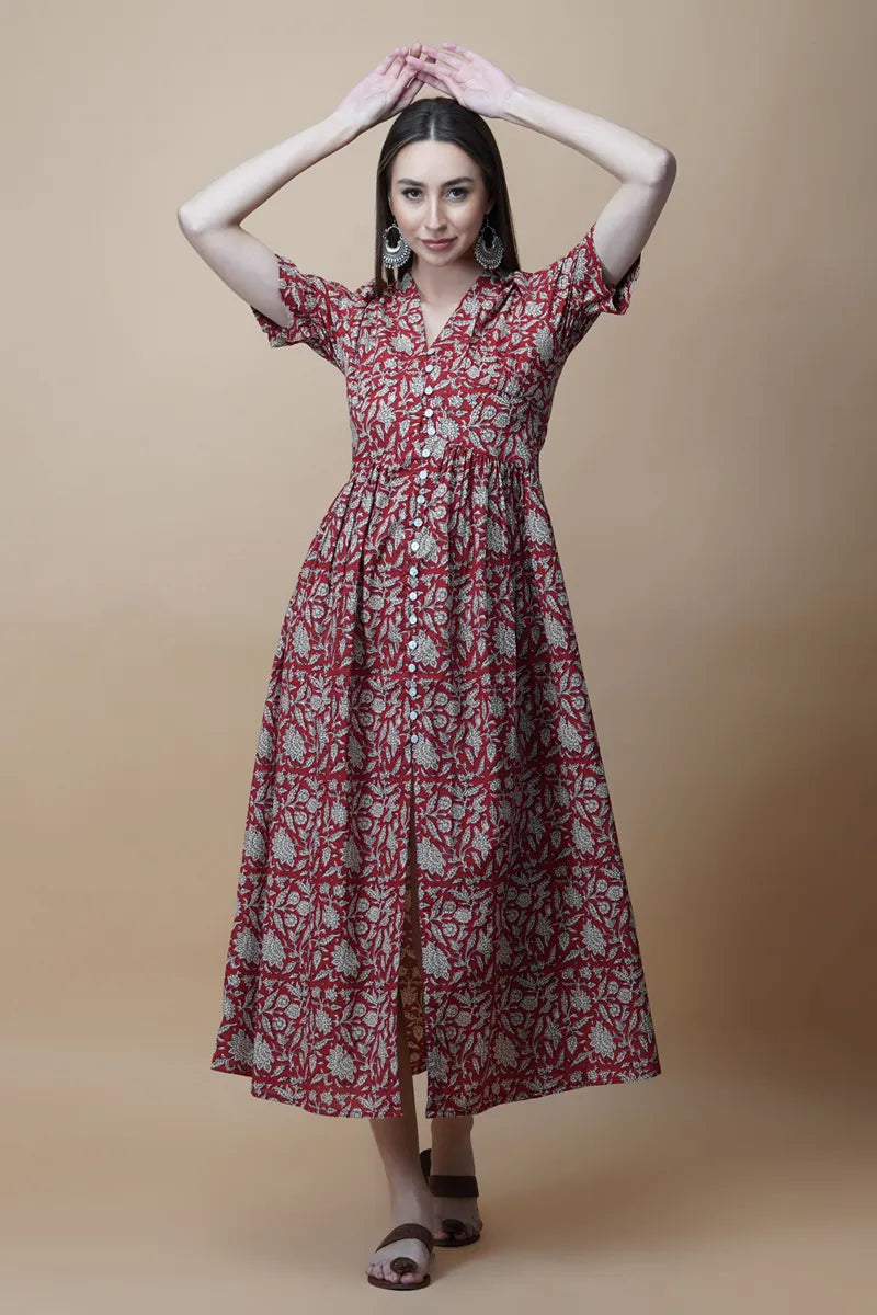 Red Block Printed V-Neck Front Open Long Dress With Flarred Hem & Centre Slit