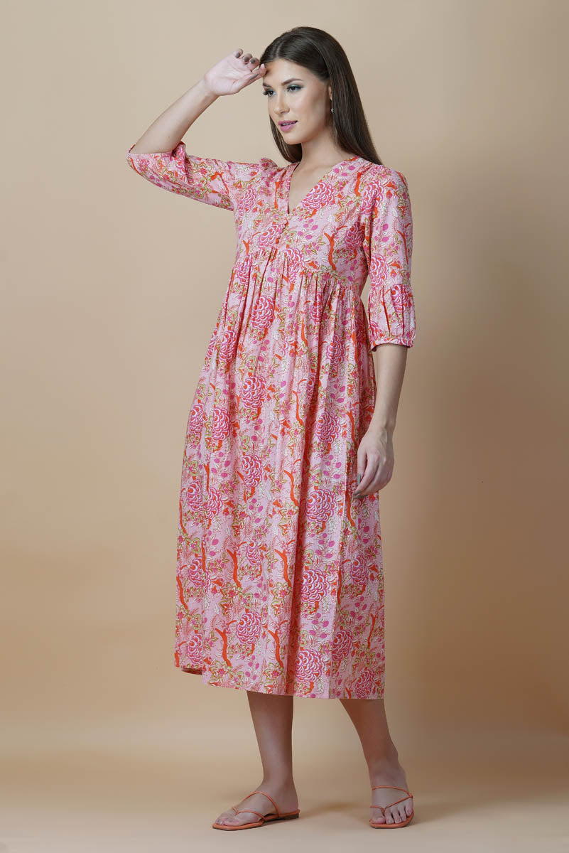 Pink Floral Block Printed V-Neck Dress With Flared Hem & Pleated Sleeves