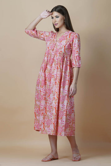 Pink Floral Block Printed V-Neck Dress With Flared Hem & Pleated Sleeves