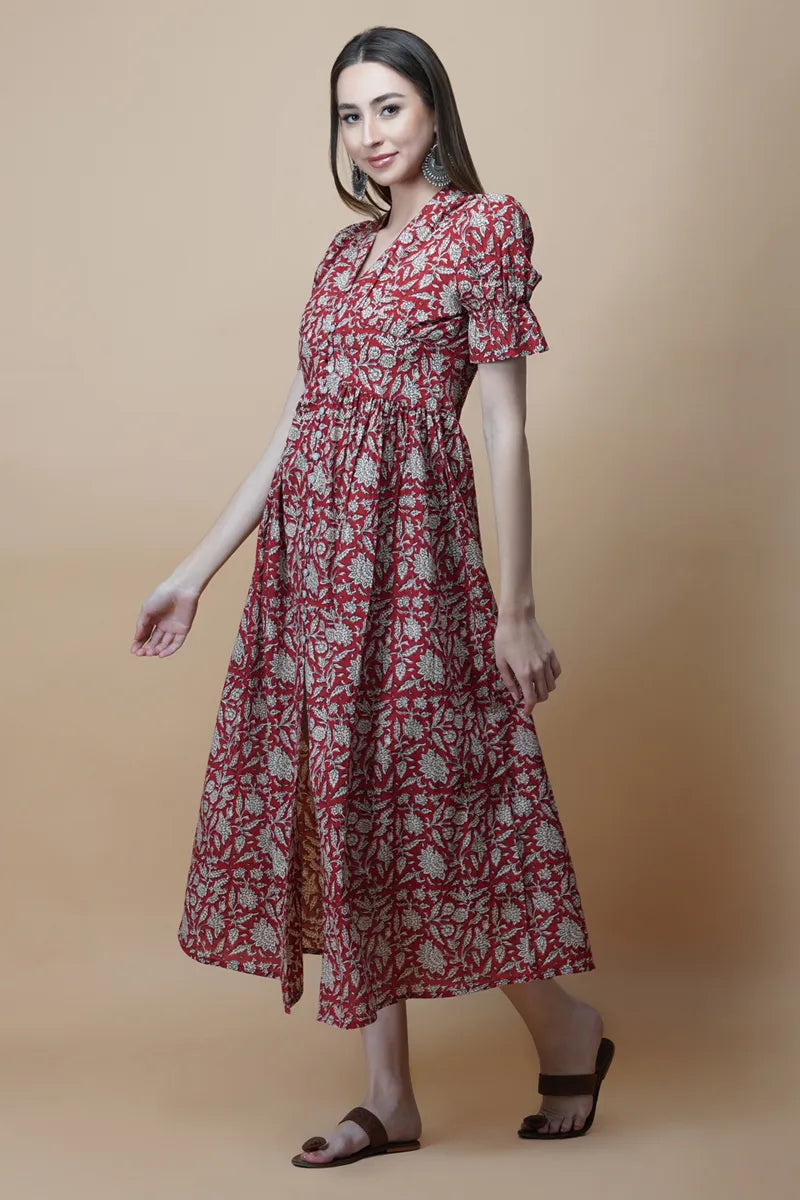 Red Block Printed V-Neck Front Open Long Dress With Flarred Hem & Centre Slit