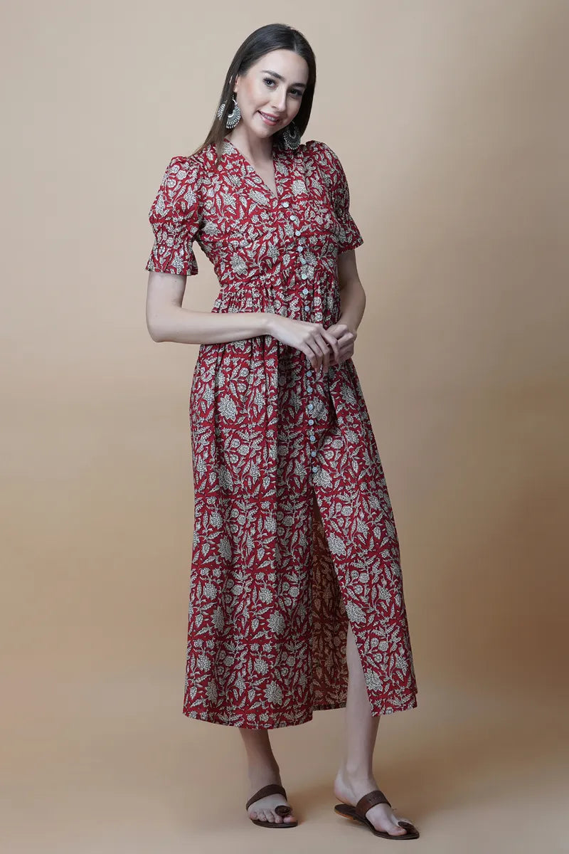 Red Block Printed V-Neck Front Open Long Dress With Flarred Hem & Centre Slit