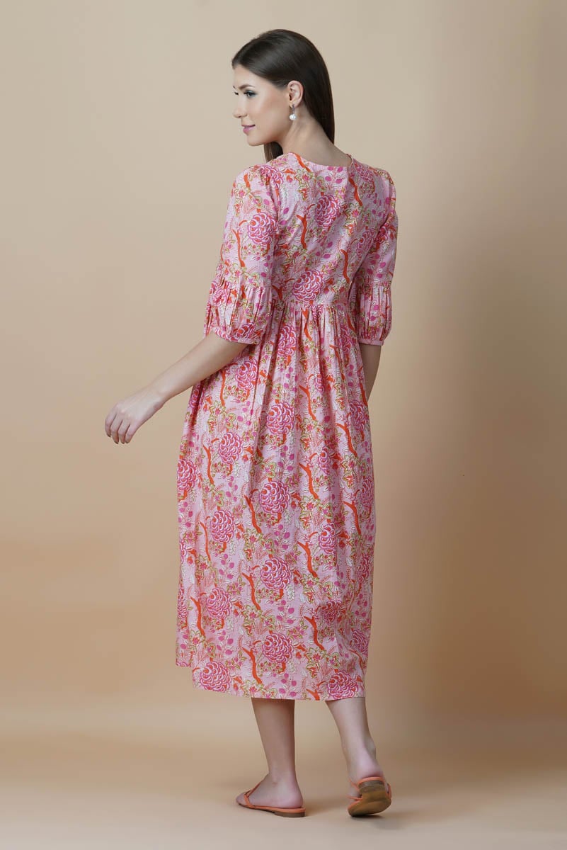 Pink Floral Block Printed V-Neck Dress With Flared Hem & Pleated Sleeves