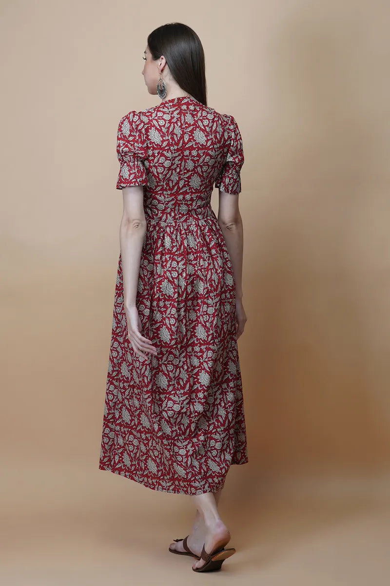 Red Block Printed V-Neck Front Open Long Dress With Flarred Hem & Centre Slit