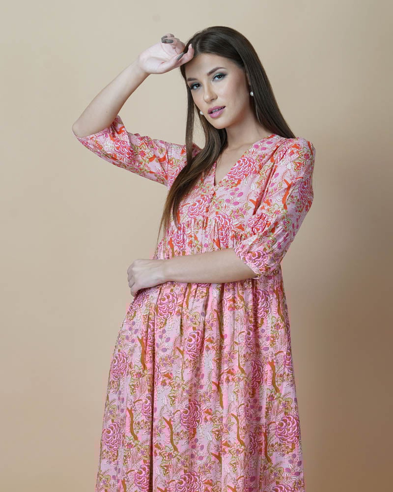 Pink Floral Block Printed V-Neck Dress With Flared Hem & Pleated Sleeves