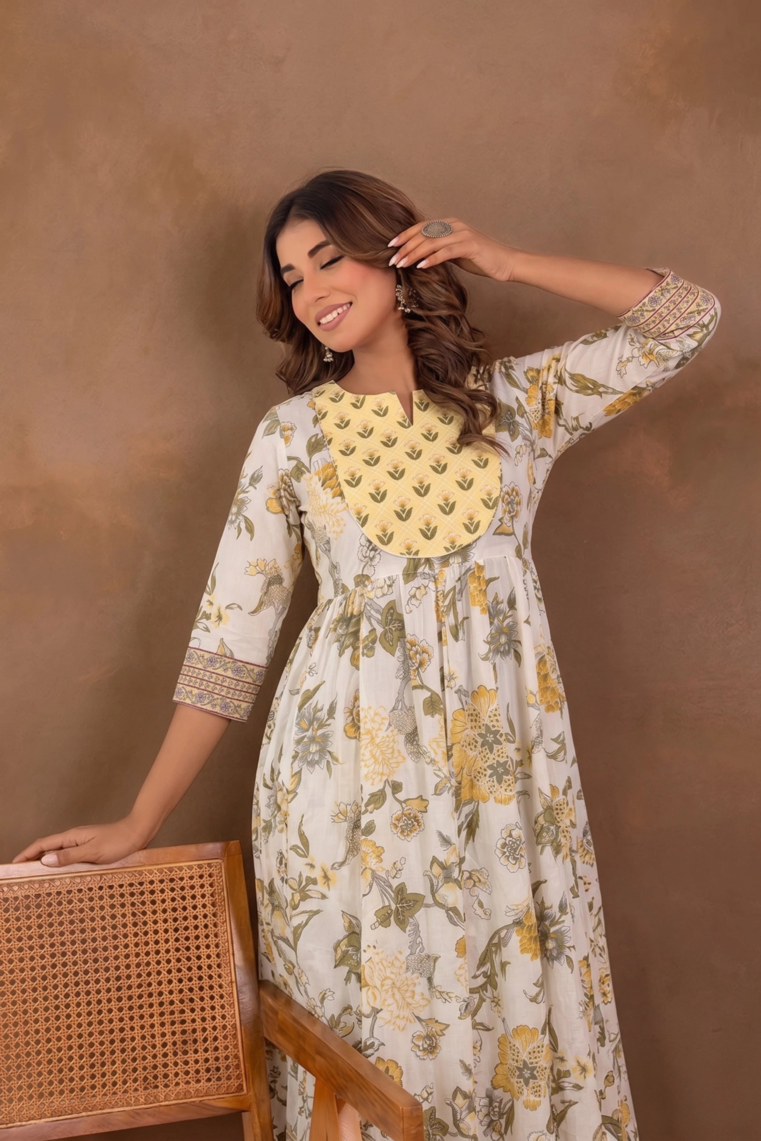 Yellow Hand Printed Anarkali Kurta