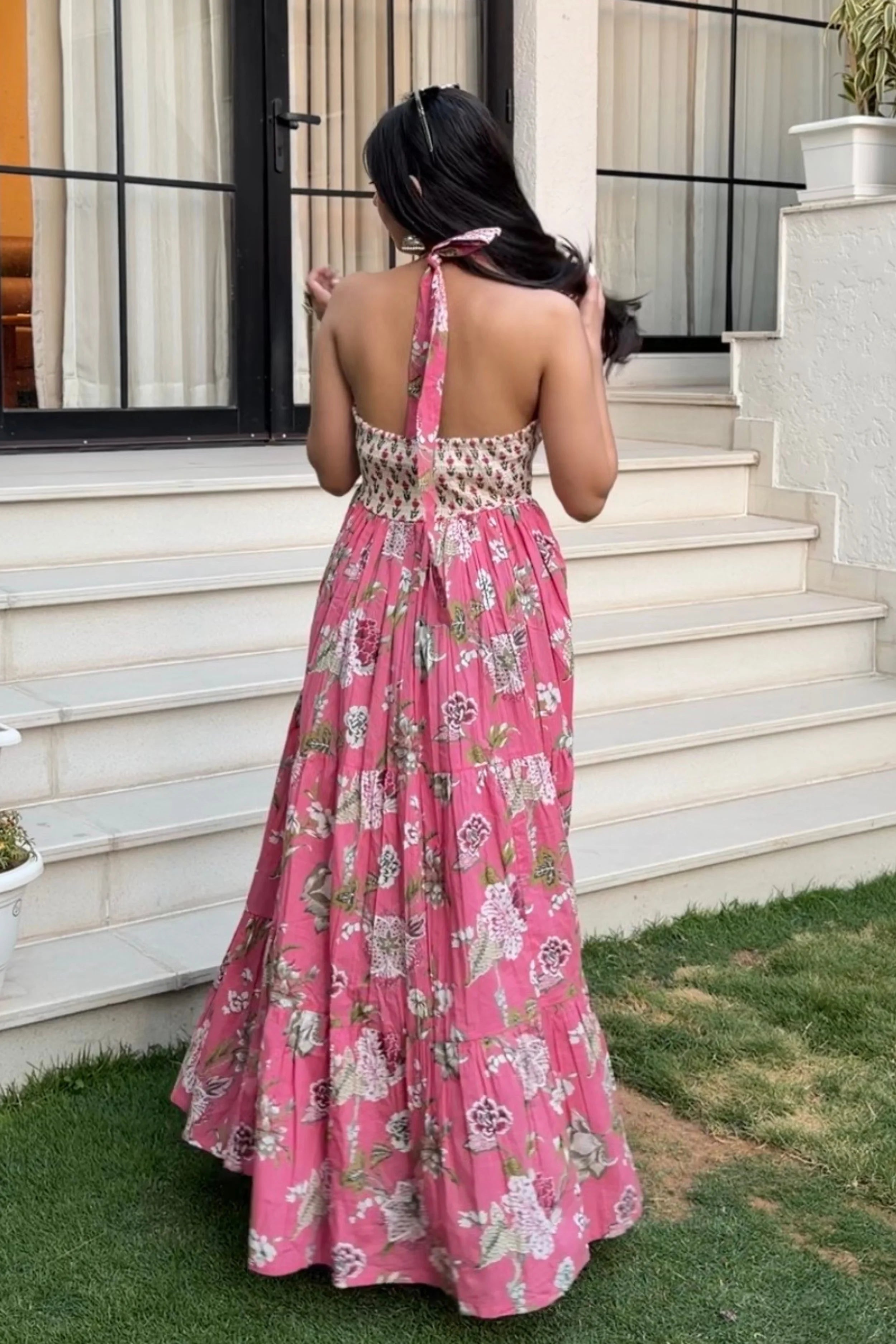Pink Floral Hand Printed Halter Maxi Dress