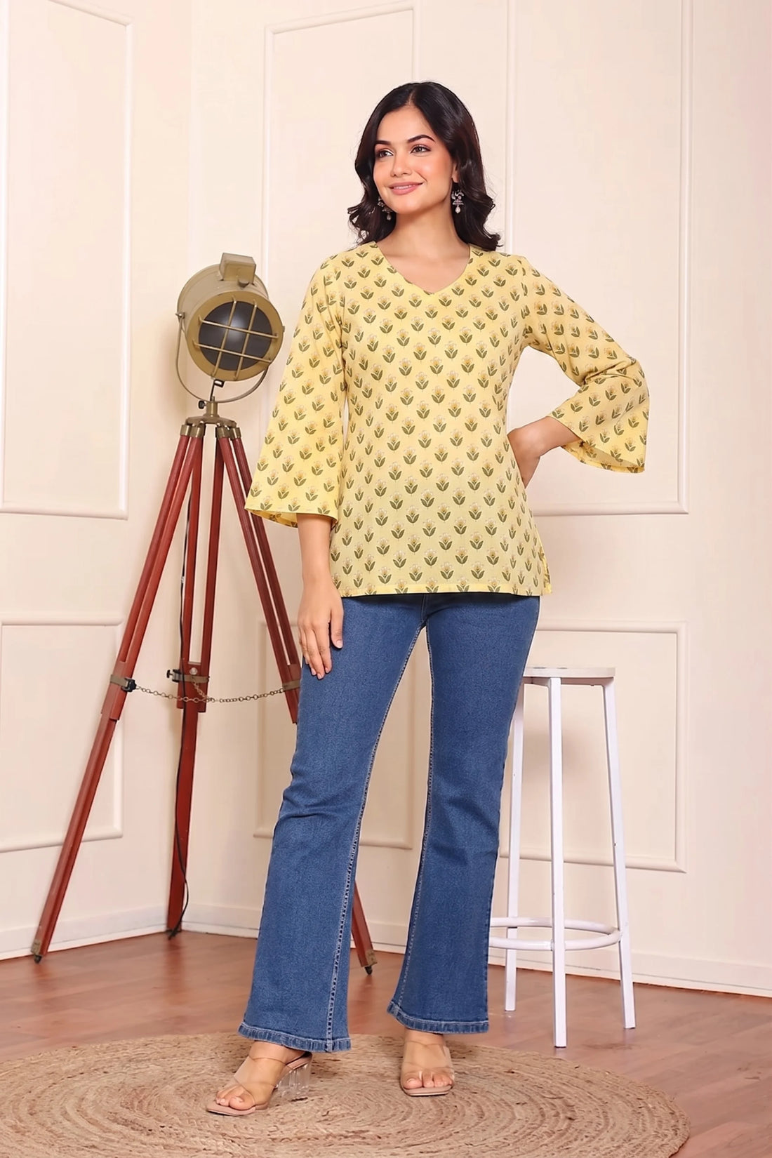 Yellow Hand Printed Short Kurti