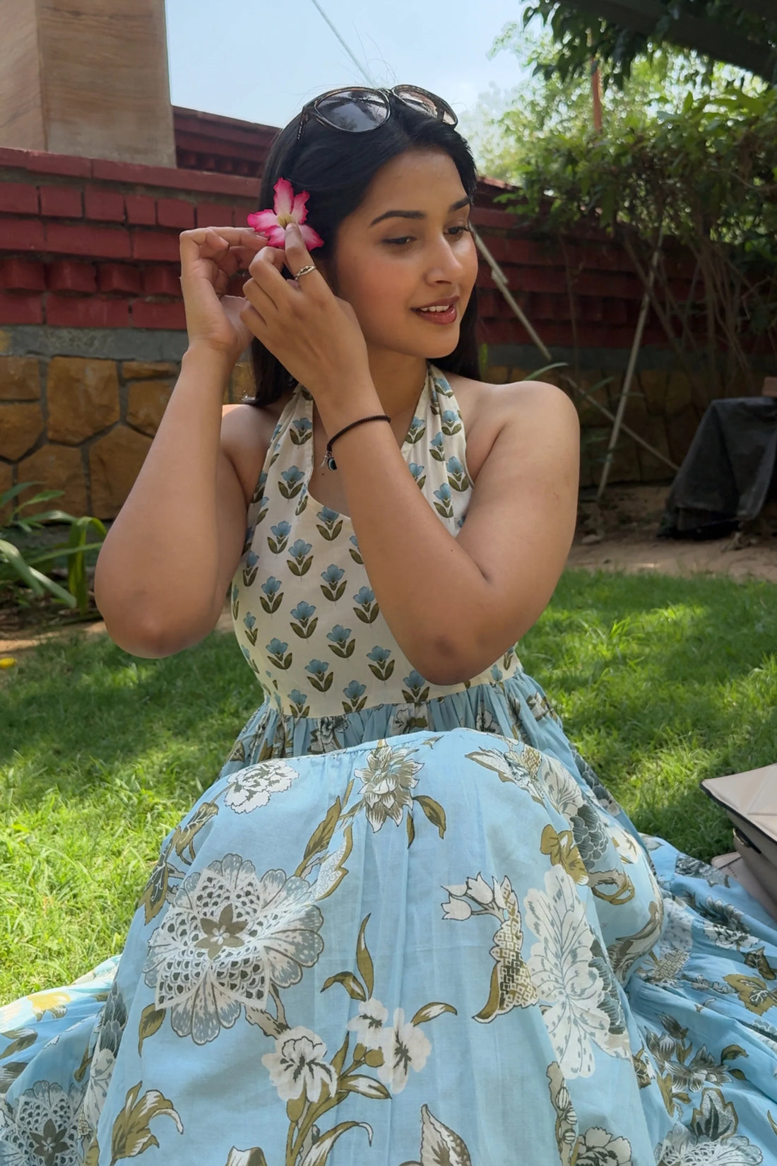Blue Floral Hand Printed Halter Maxi Dress