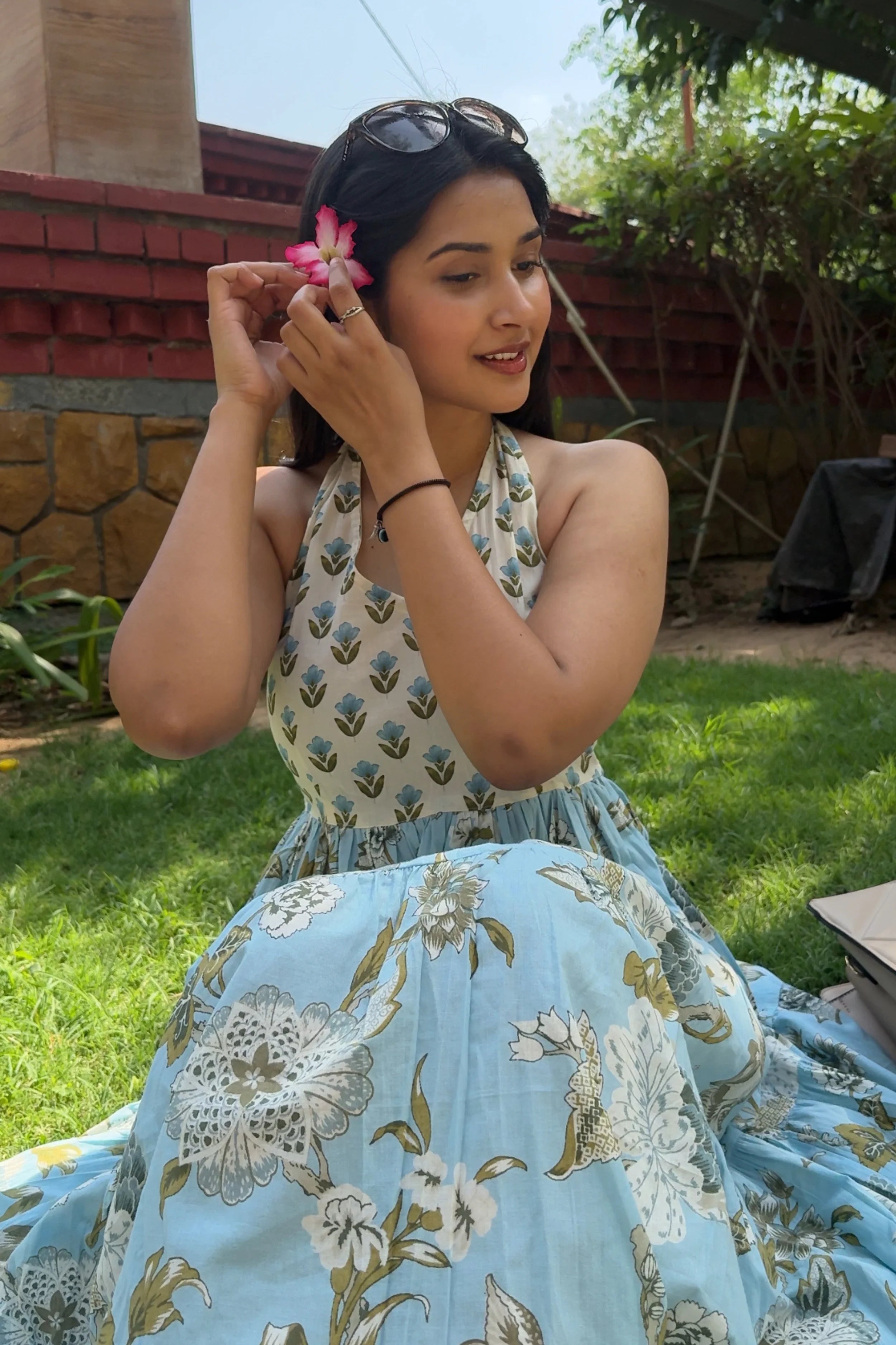 Blue Floral Hand Printed Halter Maxi Dress