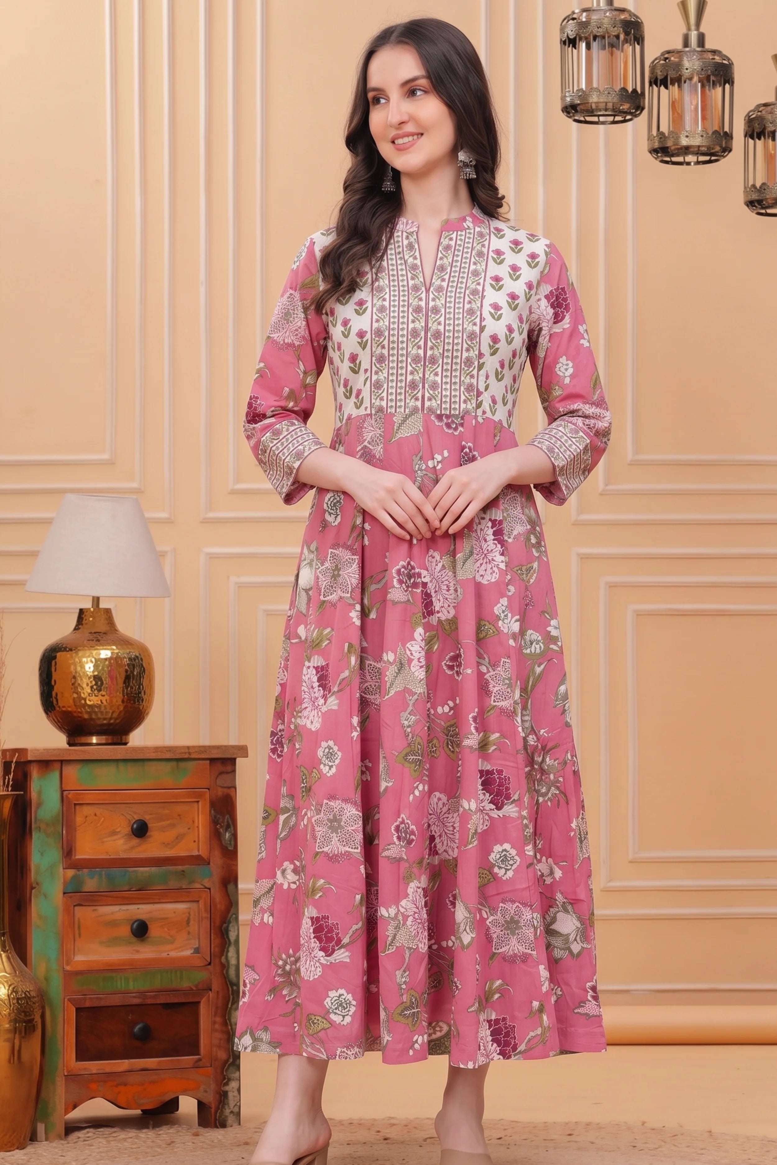 Pink Floral Hand Printed Anarkali Maxi Dress
