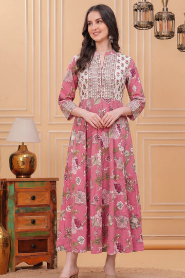 Pink Floral Hand Printed Anarkali Maxi Dress