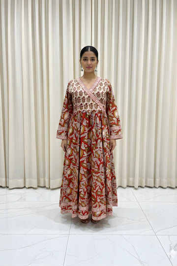 Rust Red Hand Block Printed Anarkali kurta