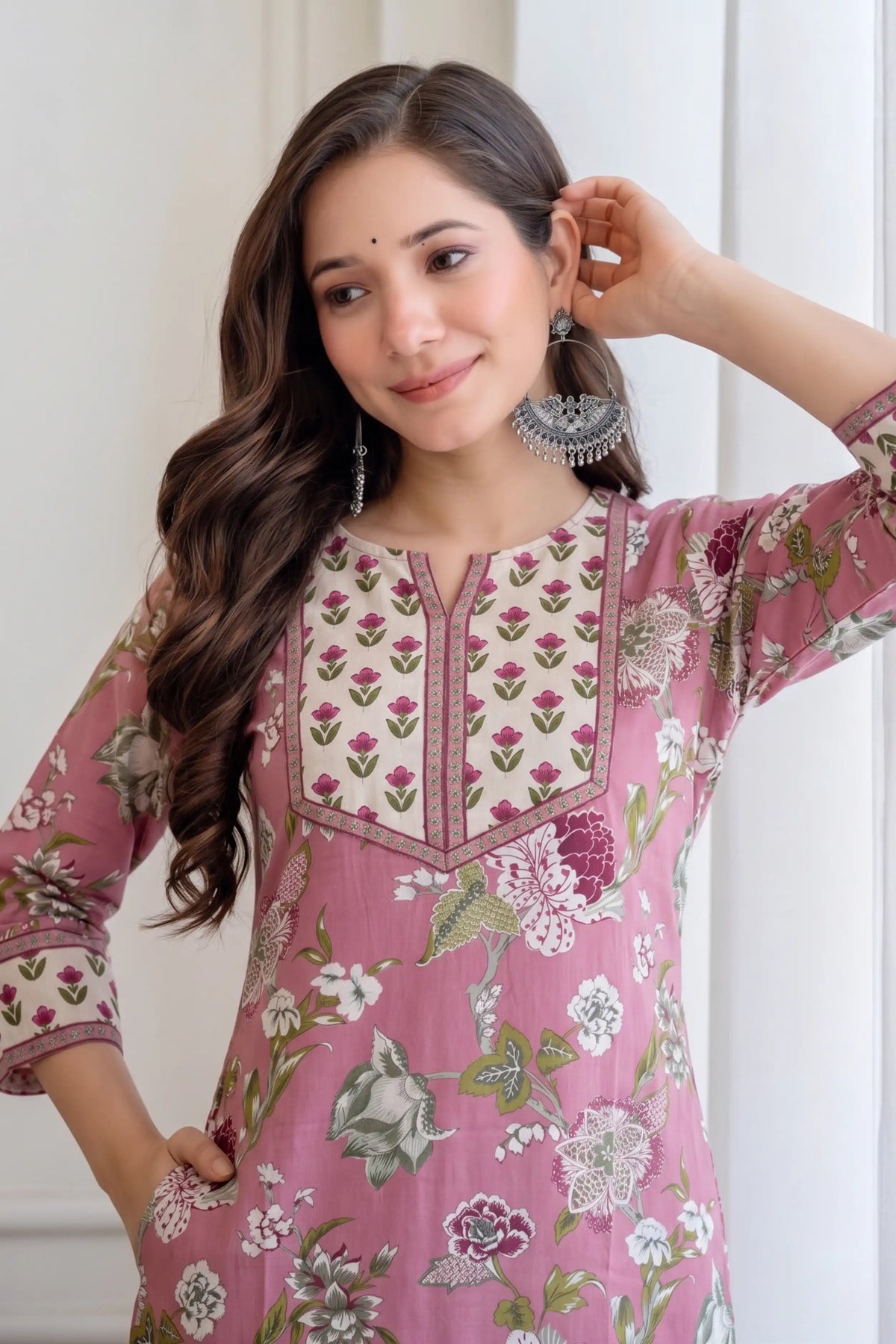 Cream Pink Hand Printed Straight cotton Kurta