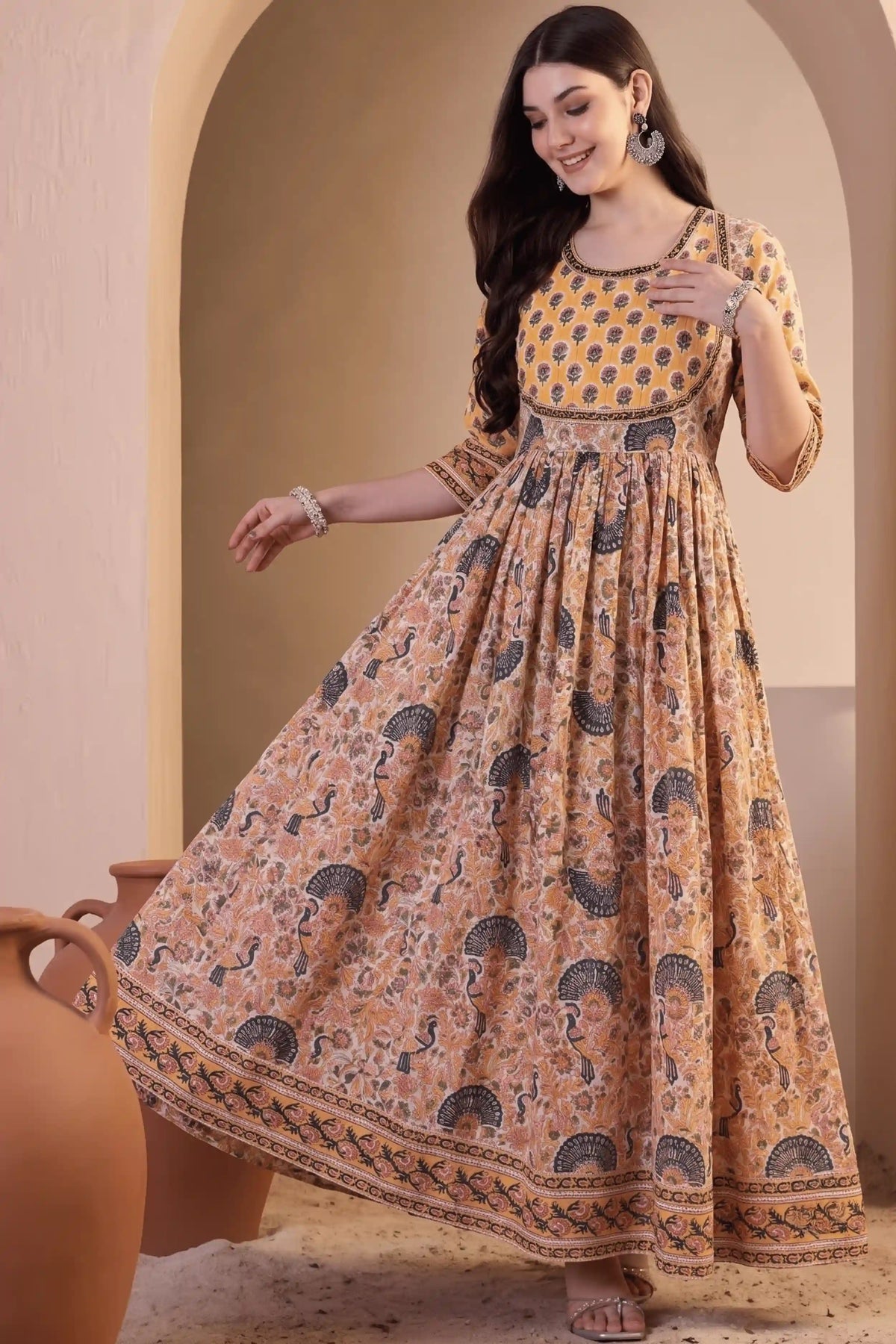 Yellow Hand Block Printed Anarkali Dress with Peacock Motifs