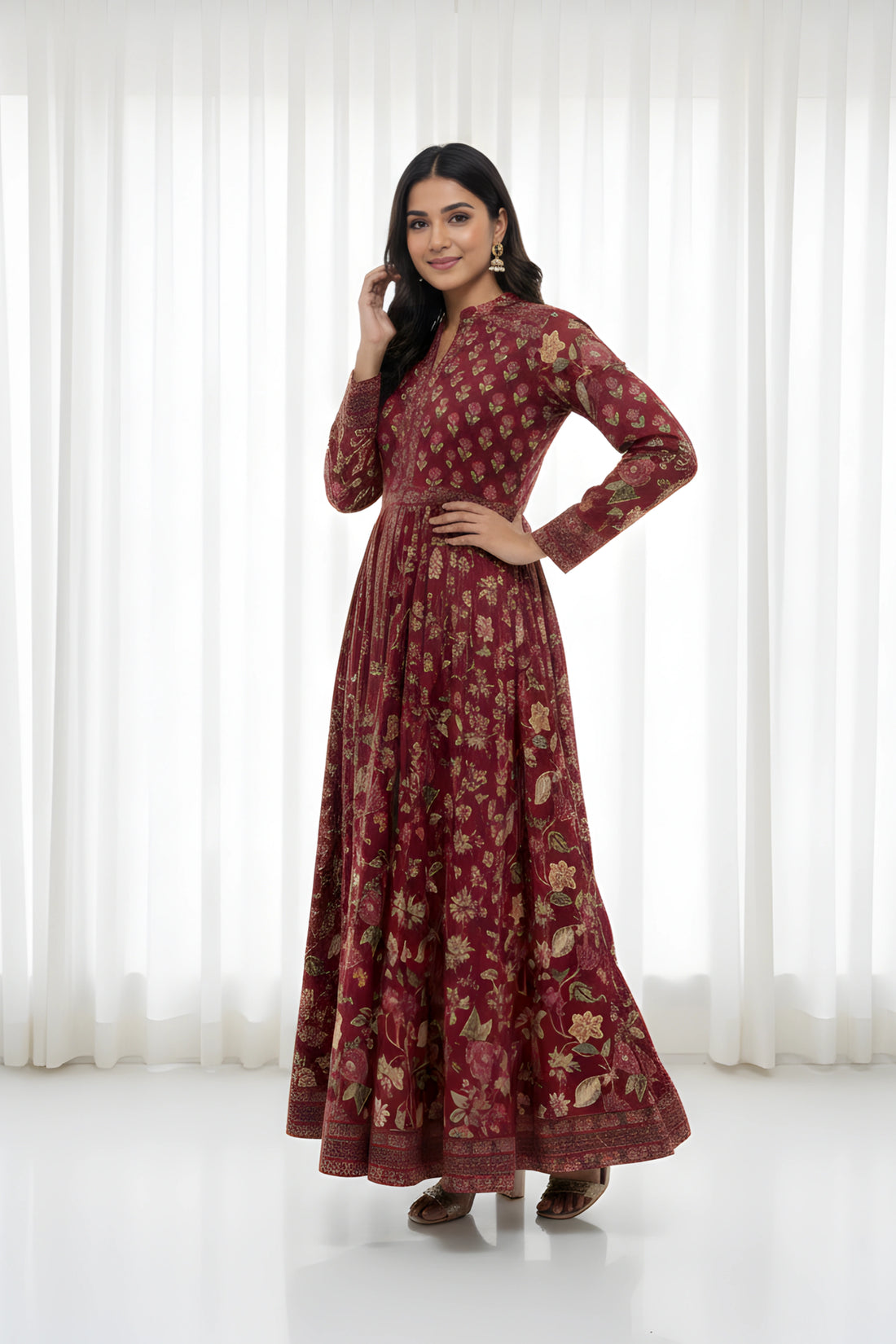 Wine Anarkali Cotton Hand Block Printed Ethnic Maxi Dress