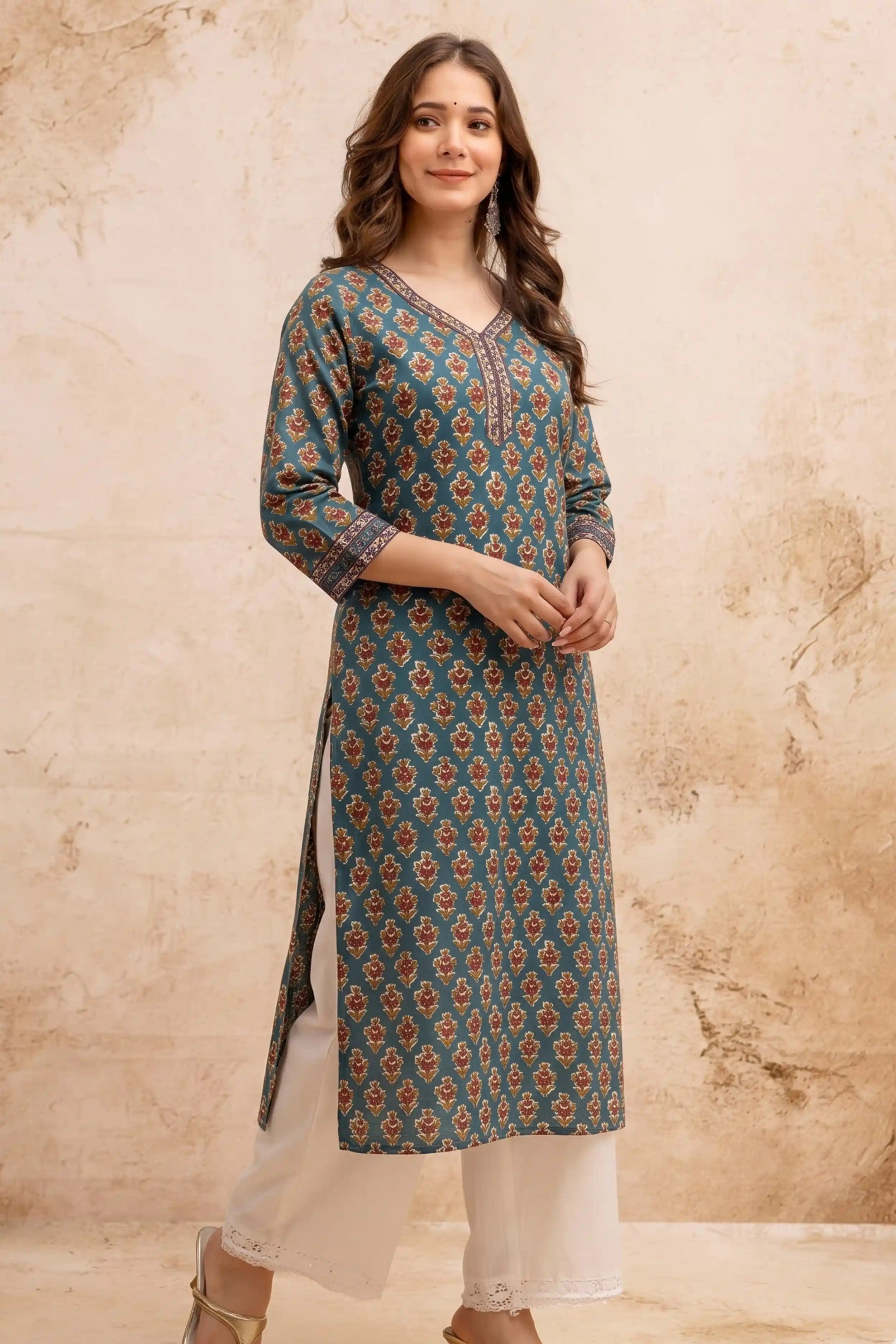 Green V-Neck Hand Printed Straight Kurta