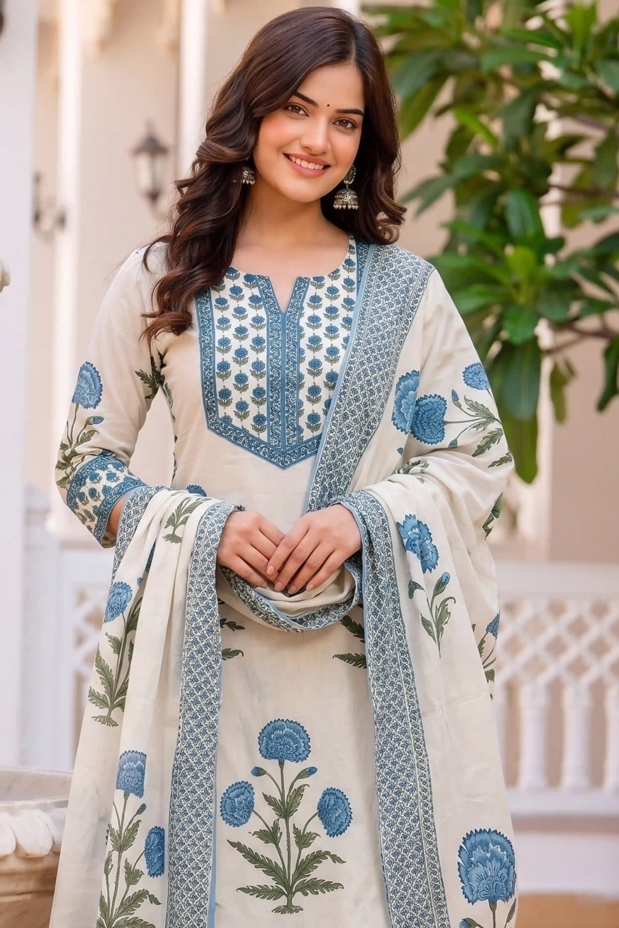 Sky Blue Straight Kurta Set with Cotton Dupatta