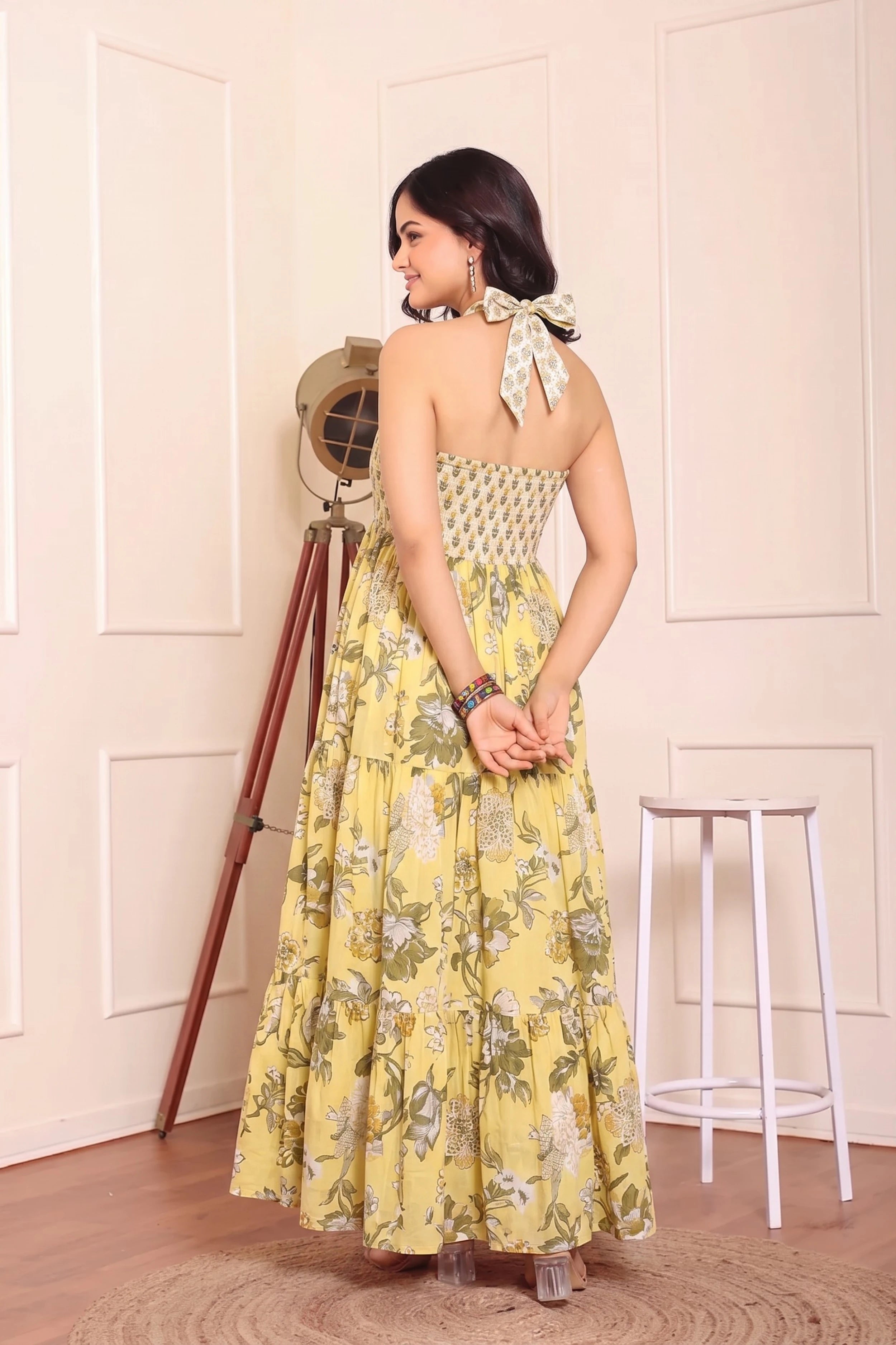 Yellow Floral Hand Printed Halter Maxi Dress