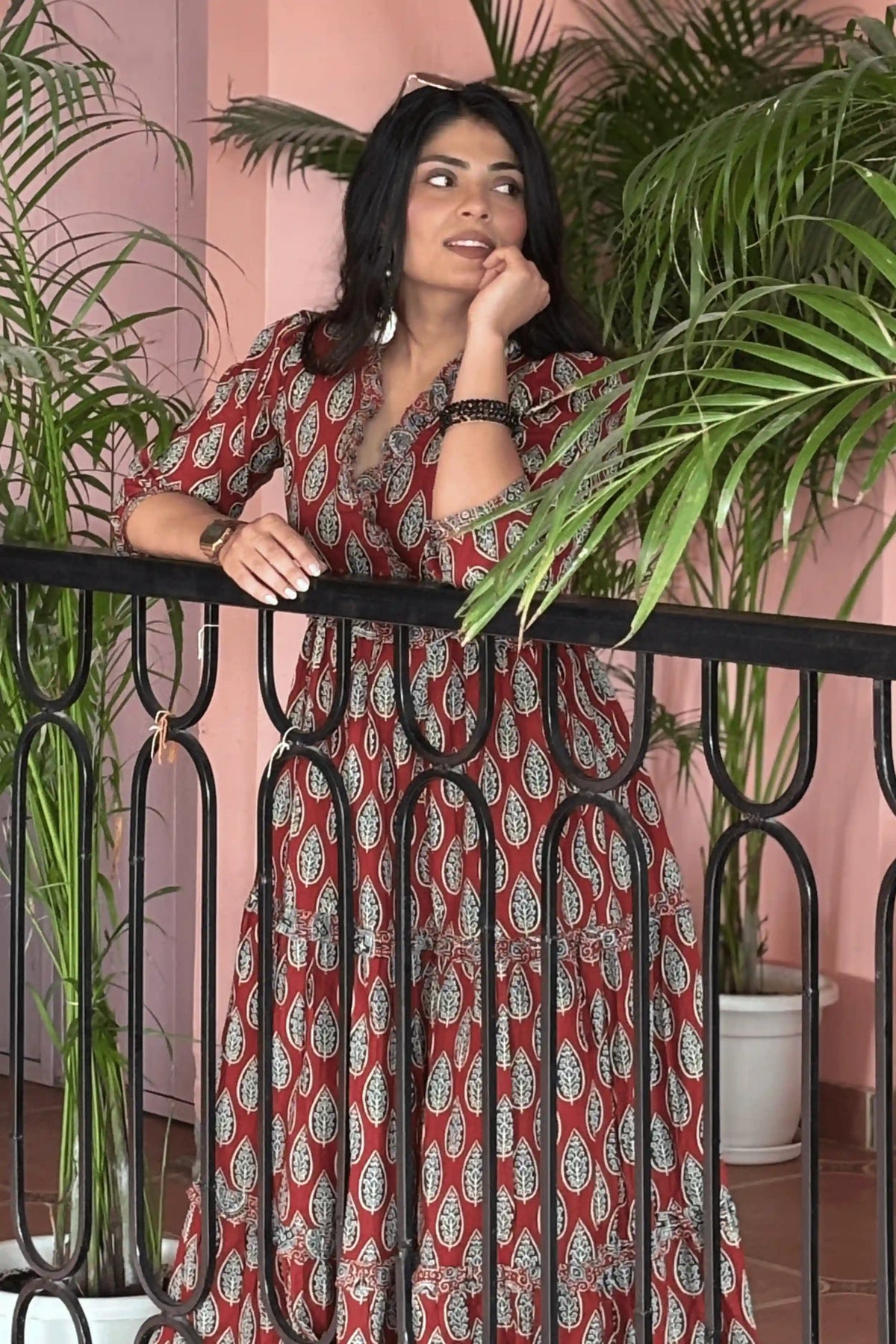 Red Hand Printed Tiered Maxi Dress