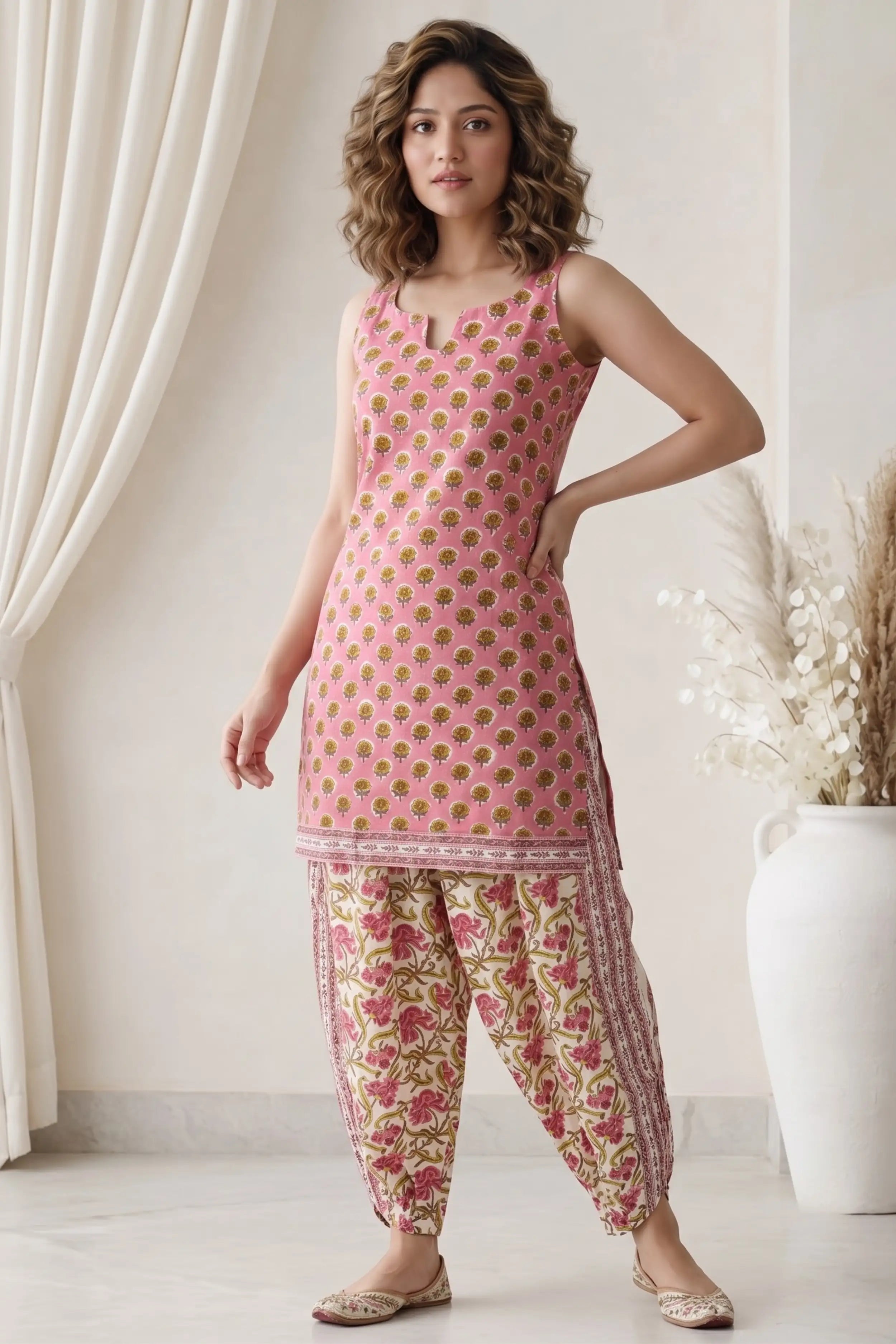 Pink Sleeveless Round Neck Kurti with Trouser