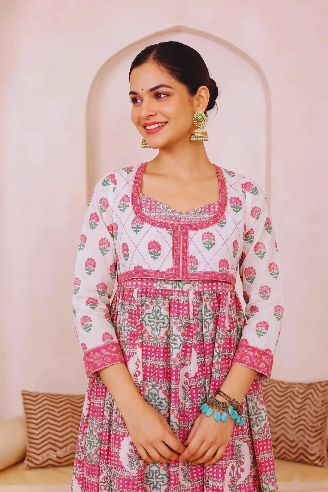 Light Pink Hand Block Floral Printed Anarkali Maxi Kurta