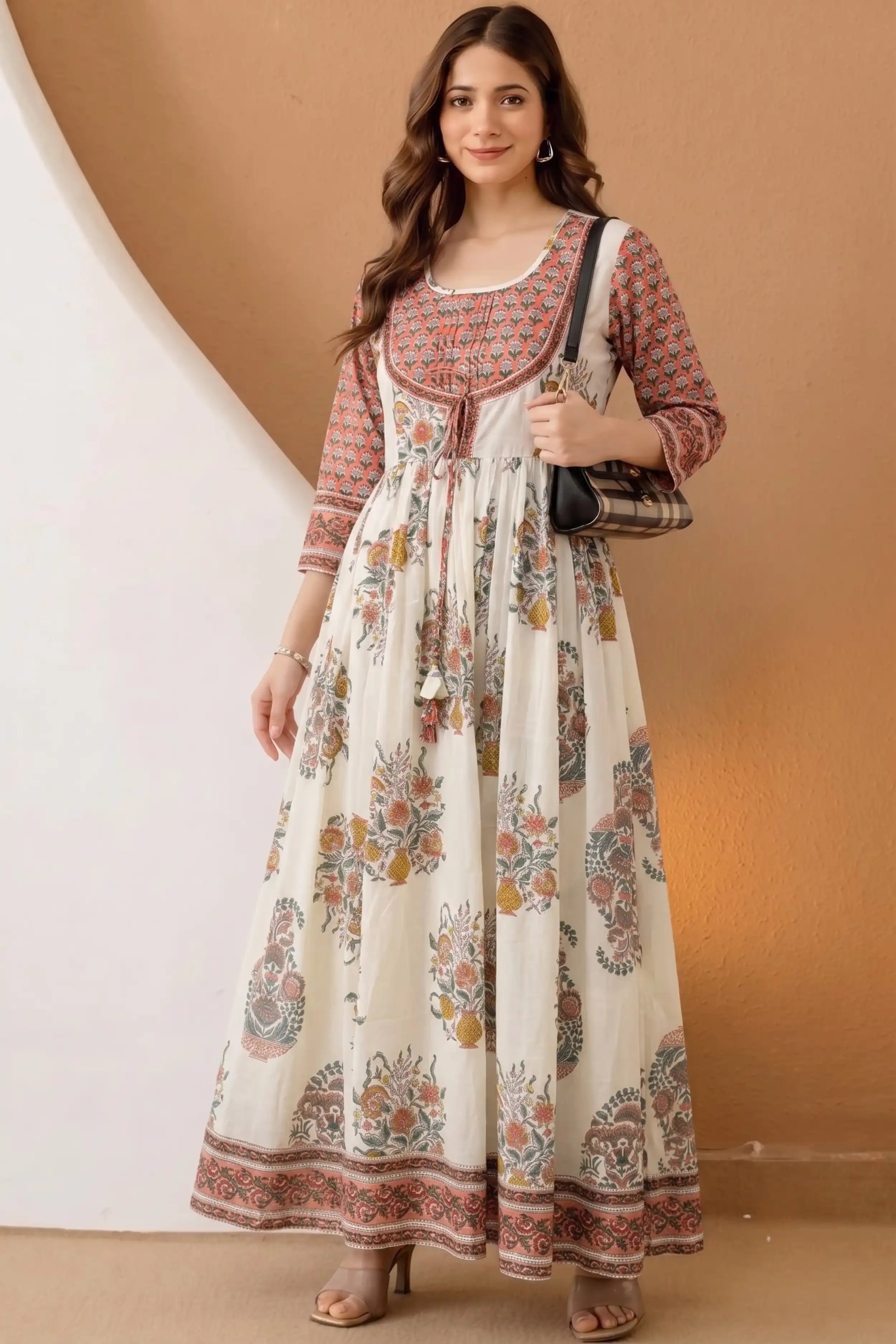 Orange Hand Block Floral Printed Anarkali Maxi Dress