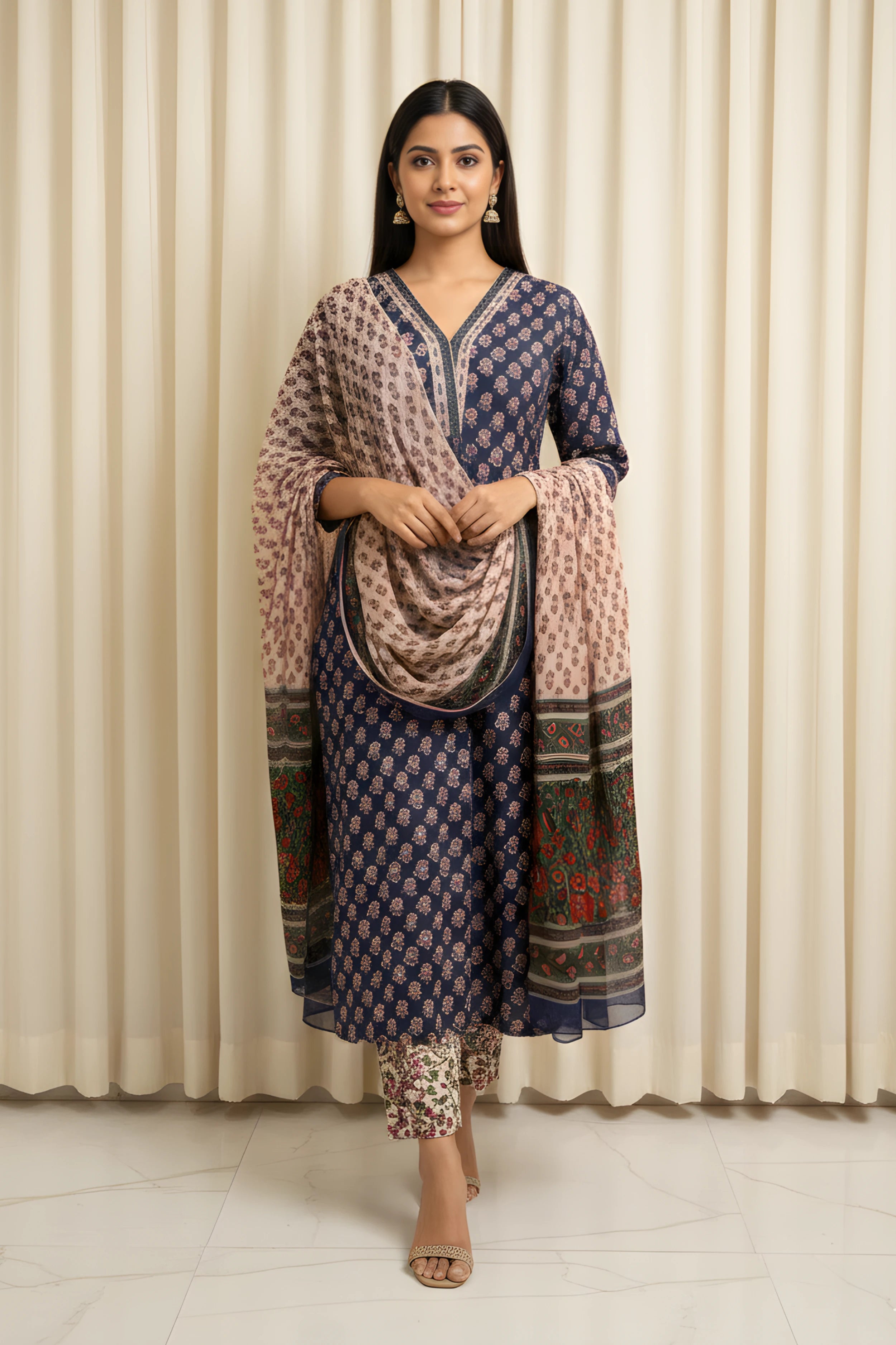 Royal Blue Hand Block Printed Straight Kurta Set with Dupatta