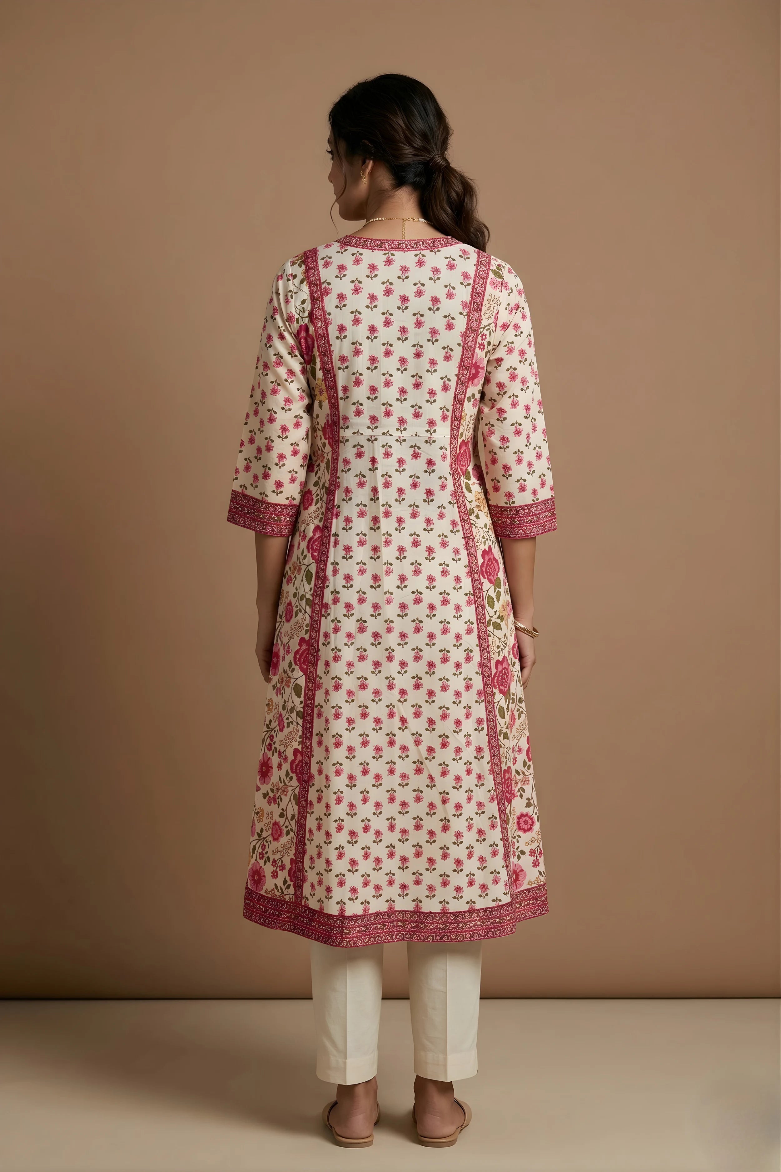 Pink Hand Printed A-line Kurta
